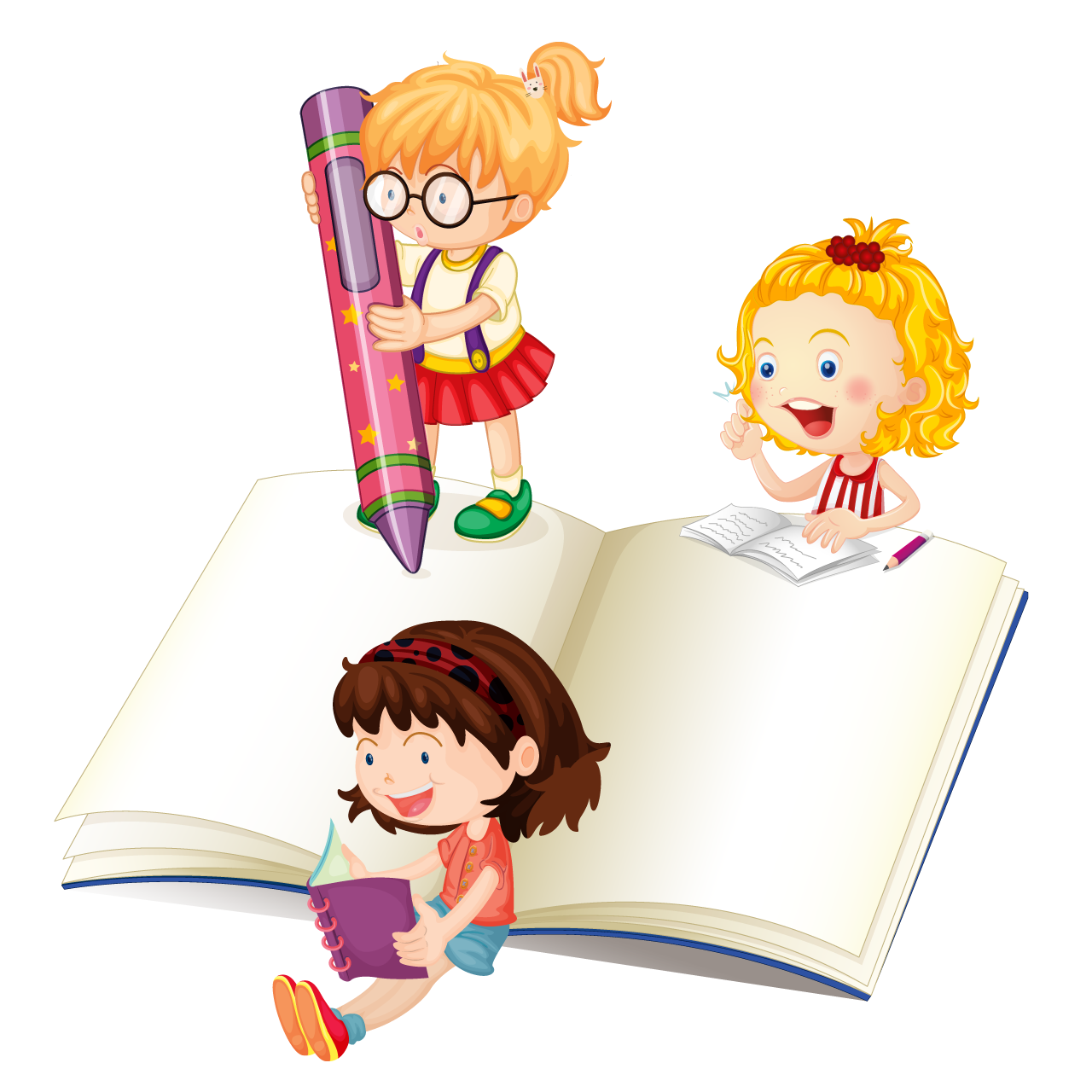 Girls reading writing book cartoon illustration image
