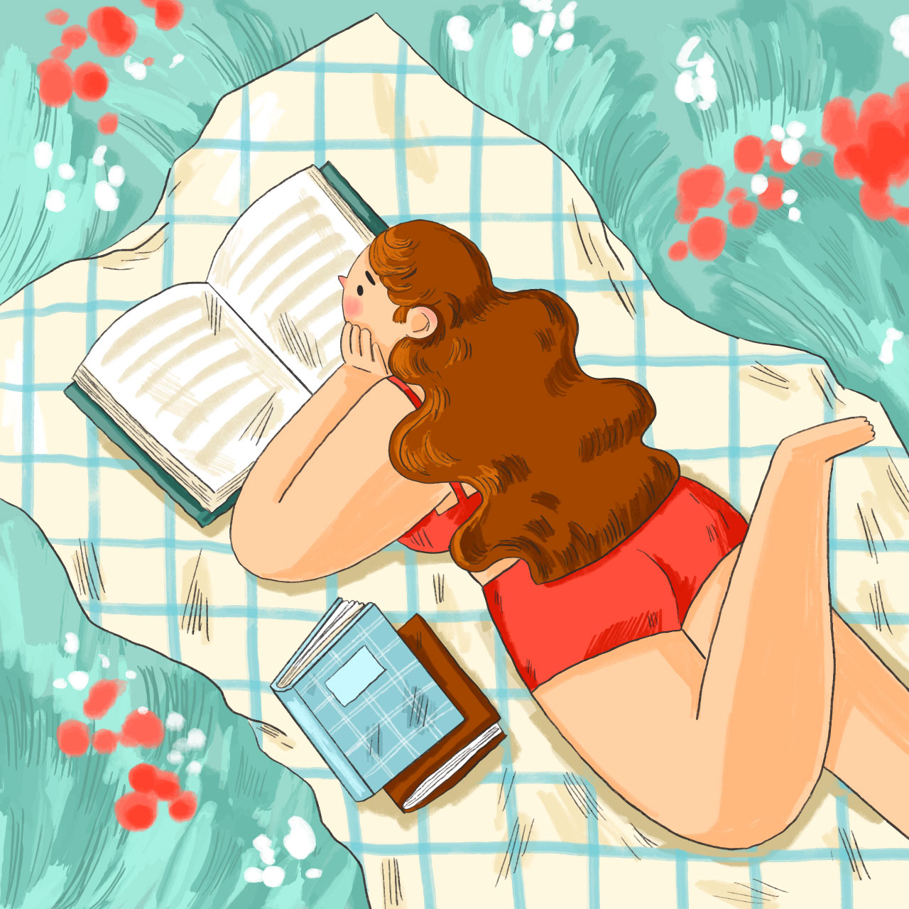 Hand drawn summer reading books illustration with woman