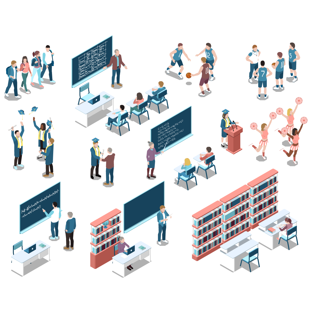 Isometric set with students university classes graduates sport team players isolated