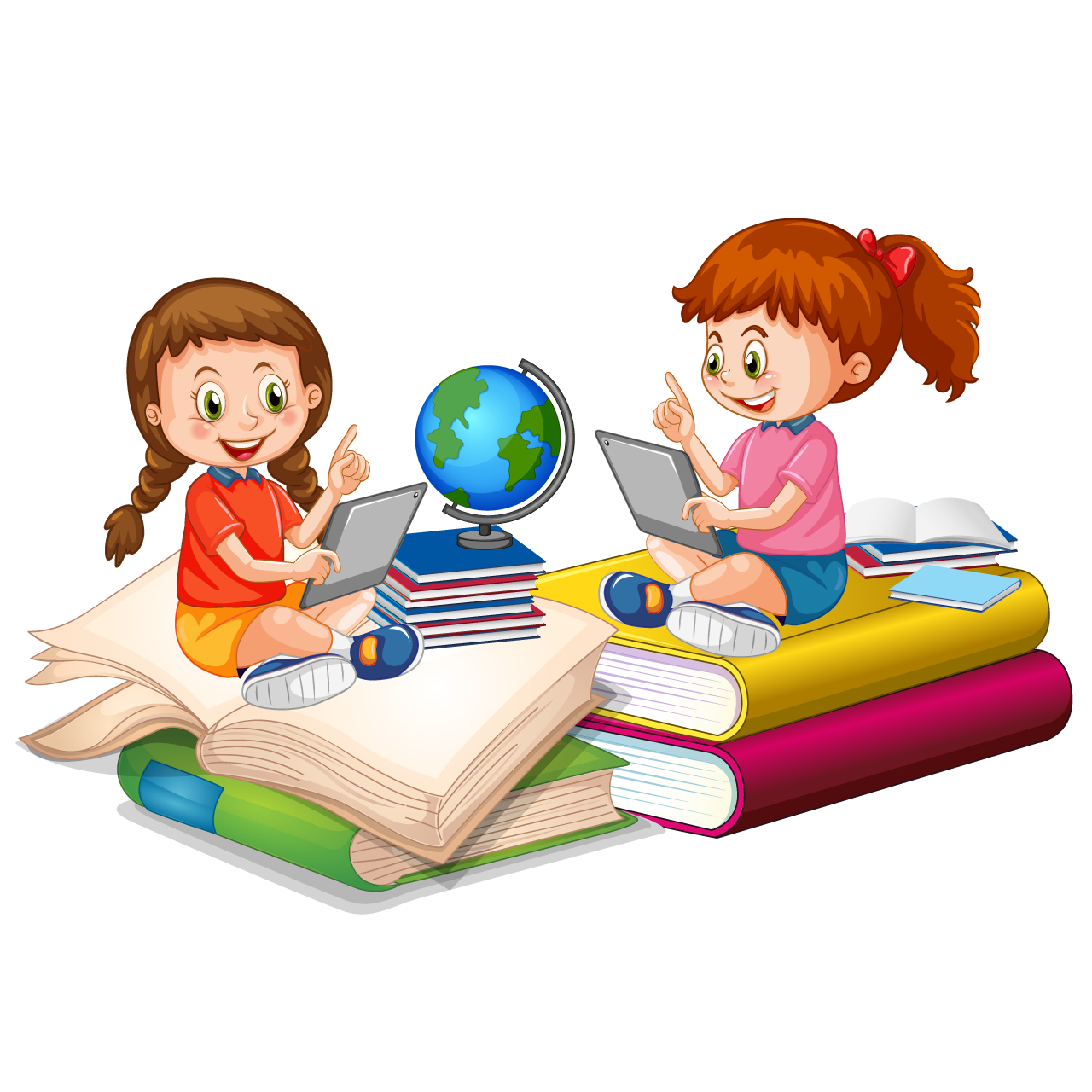 Two girl are reading stack books cartoon illustration image hand drawing sketch