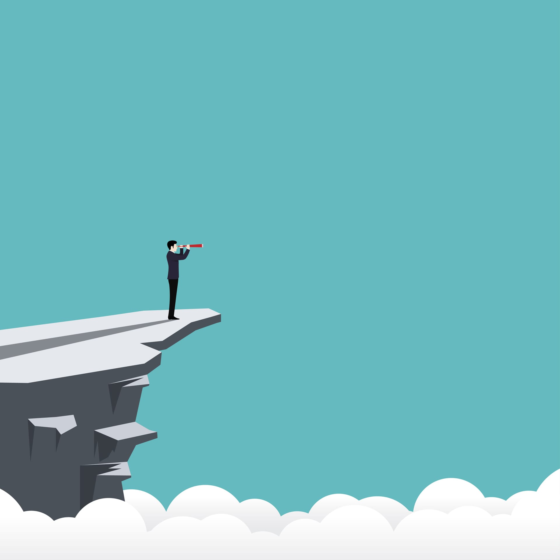 Businessman holding binocular inside shopping cart second guy pushing