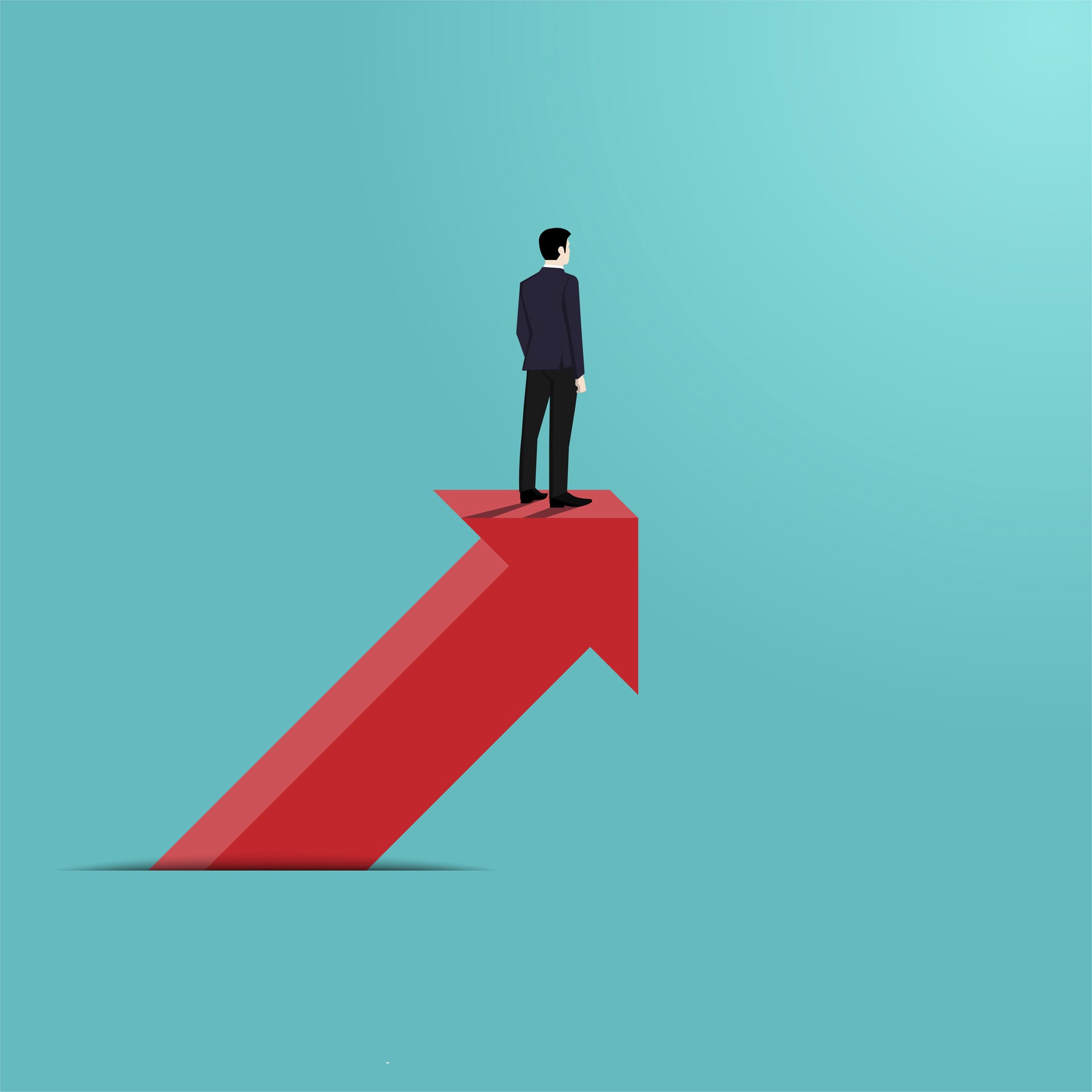 Businessman looking telescope standing cliff