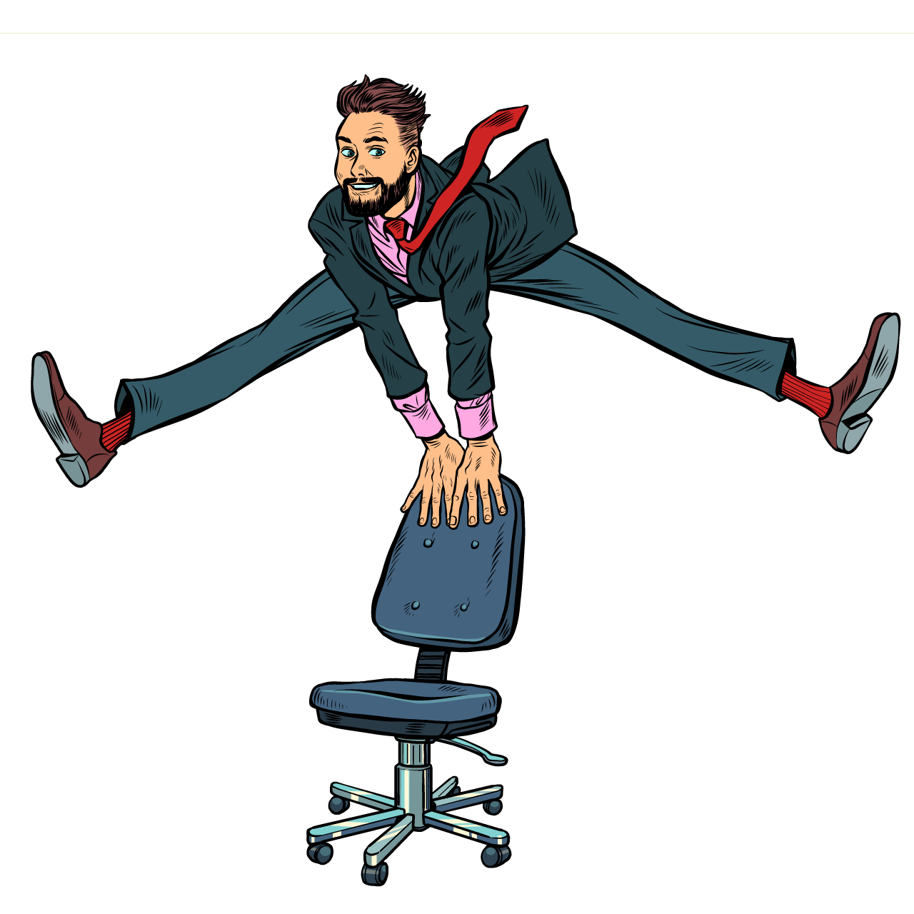Businessman jumps up funny leg pose wide joy emotions success pop art transparent background png