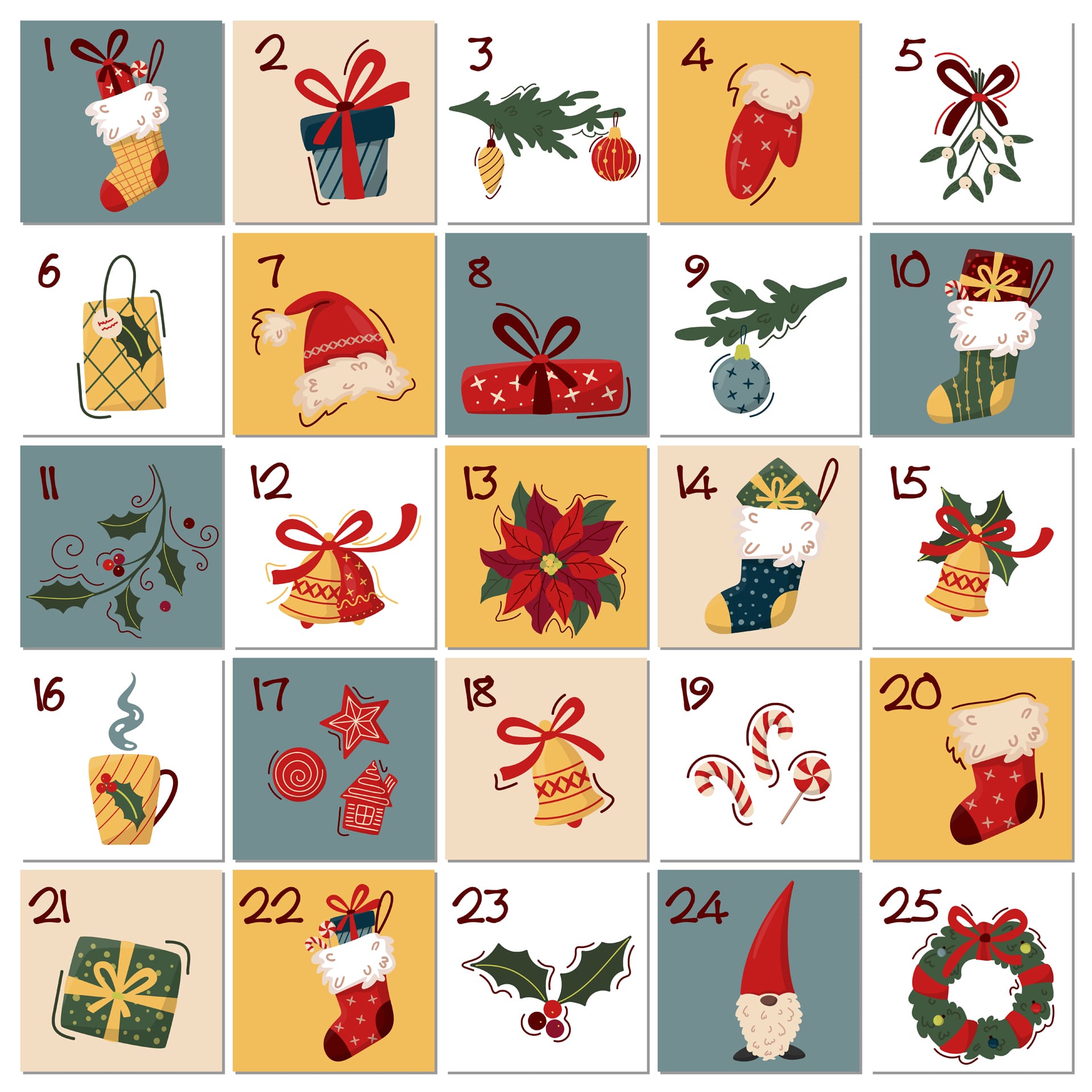 Christmas advent calendar template with hand drawn elements wreath gifts