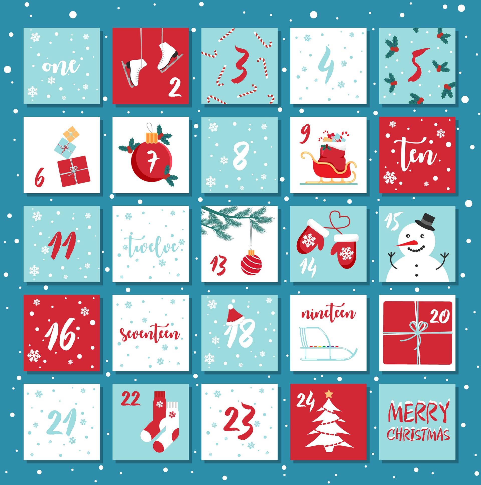 Christmas advent calendar winter holidays poster with dates illustration