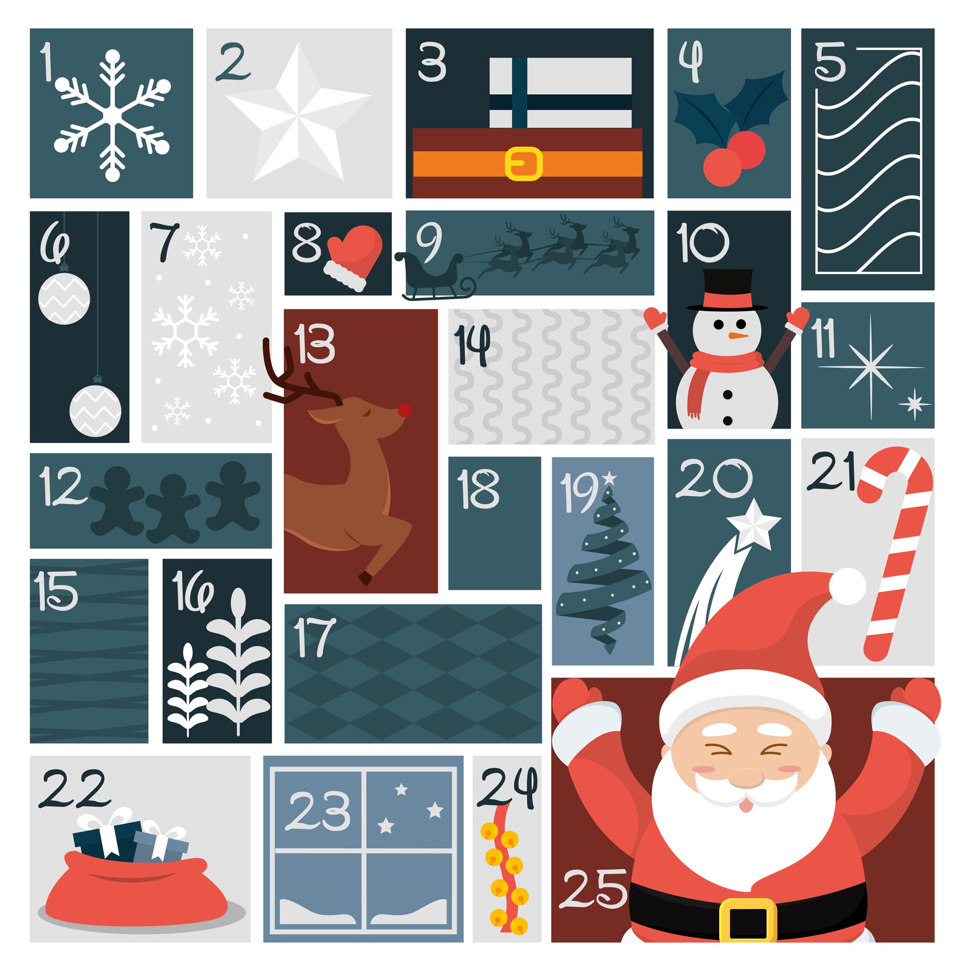Colored christmas advent calendar with traditional objects