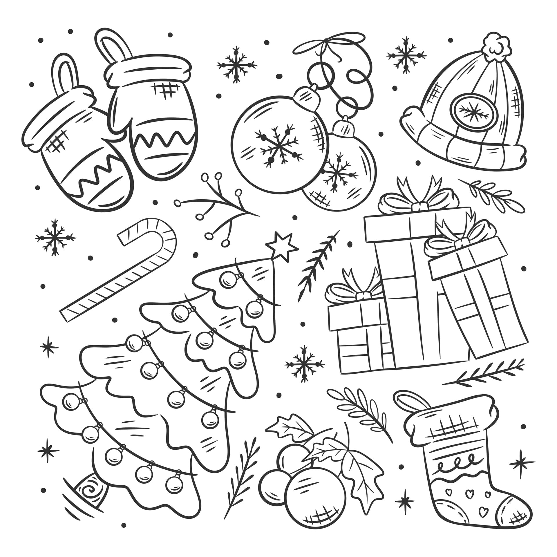 Hand drawn christmas element collection set coloring