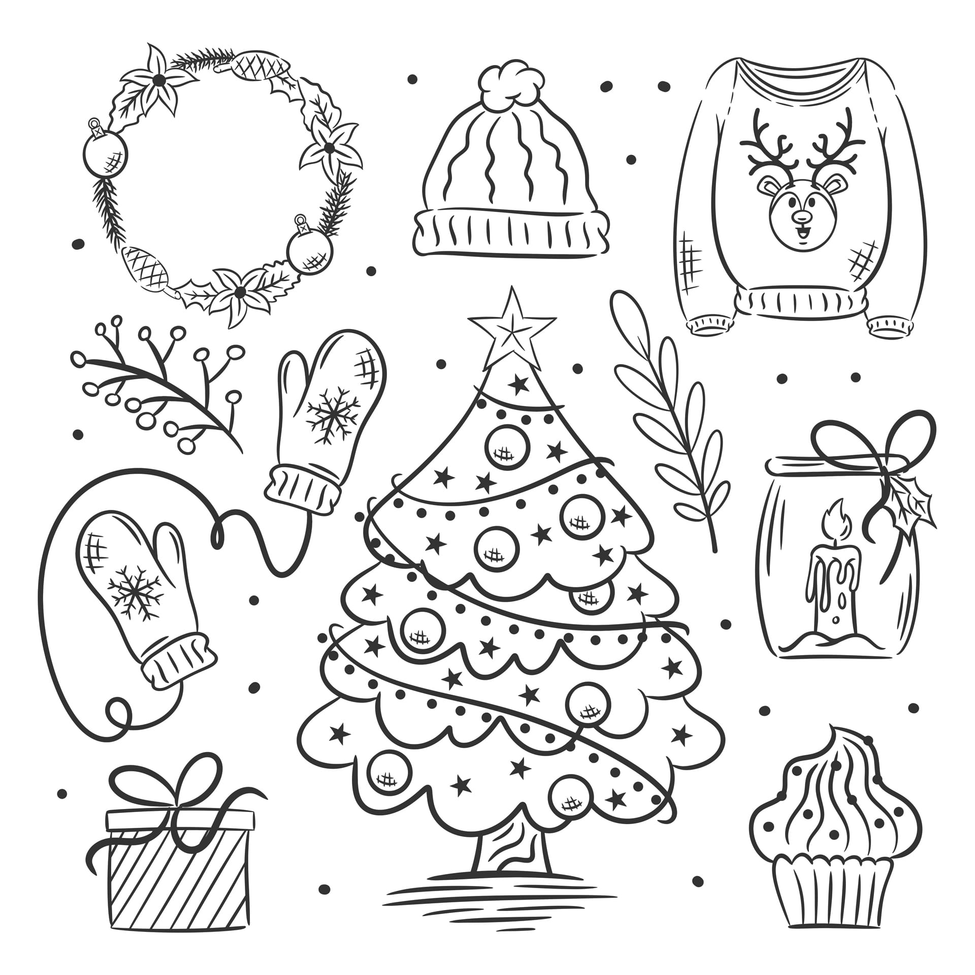 Hand drawn christmas icon set coloring