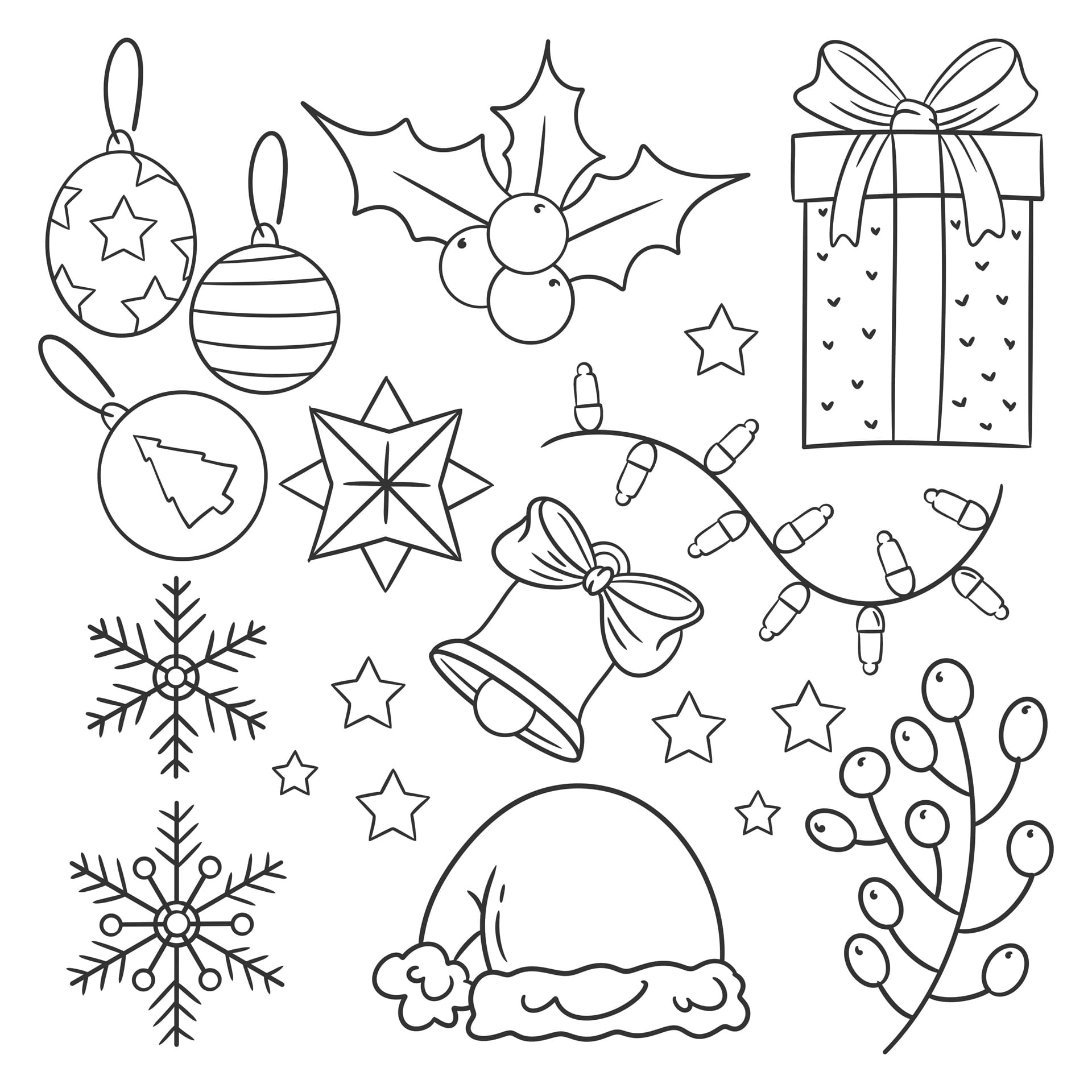 Hand drawn coloring christmas decoration element set