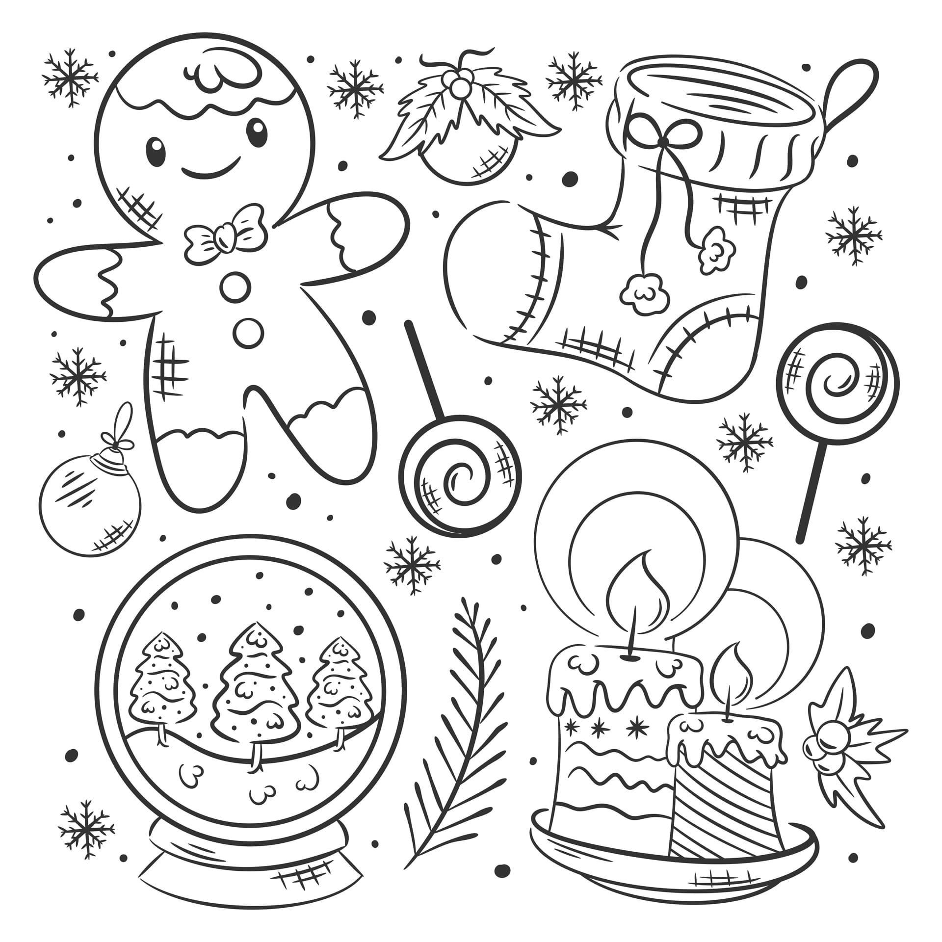 Hand drawn coloring christmas elements collection