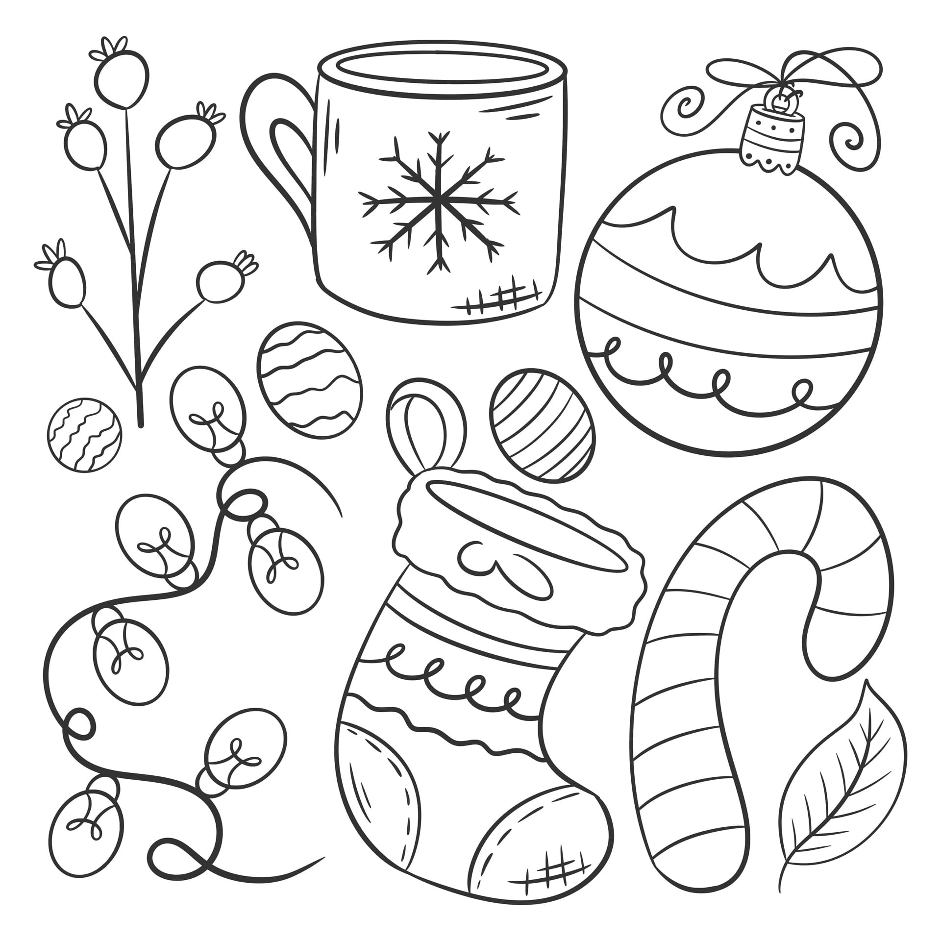 Hand drawn coloring christmas elements icons