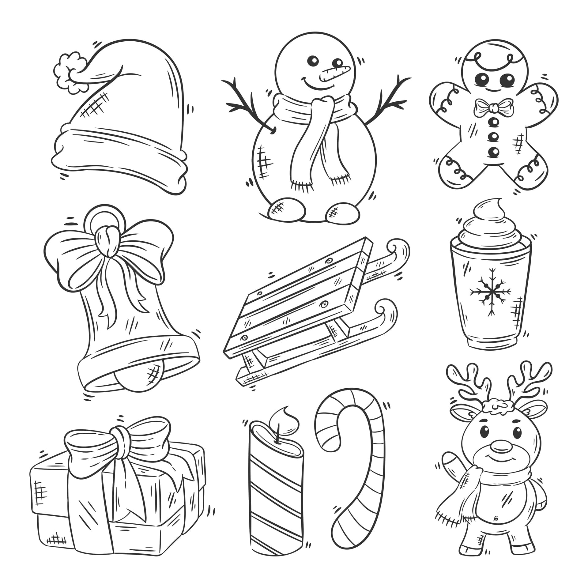 Hand drawn coloring christmas elements items collection