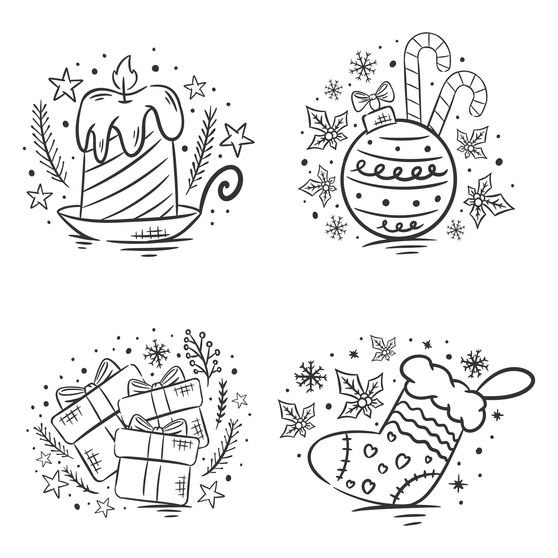 Hand drawn coloring christmas elements set