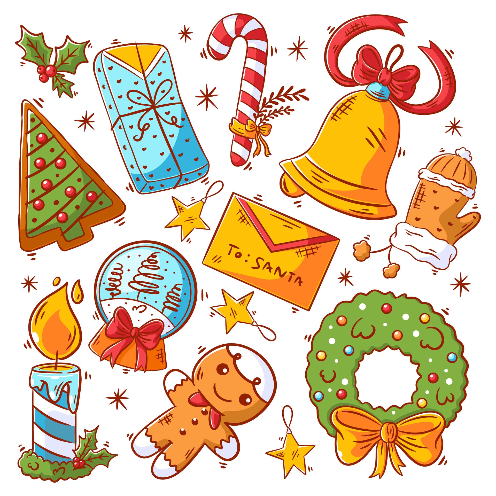 Christmas elements icons collection hand drawn full color