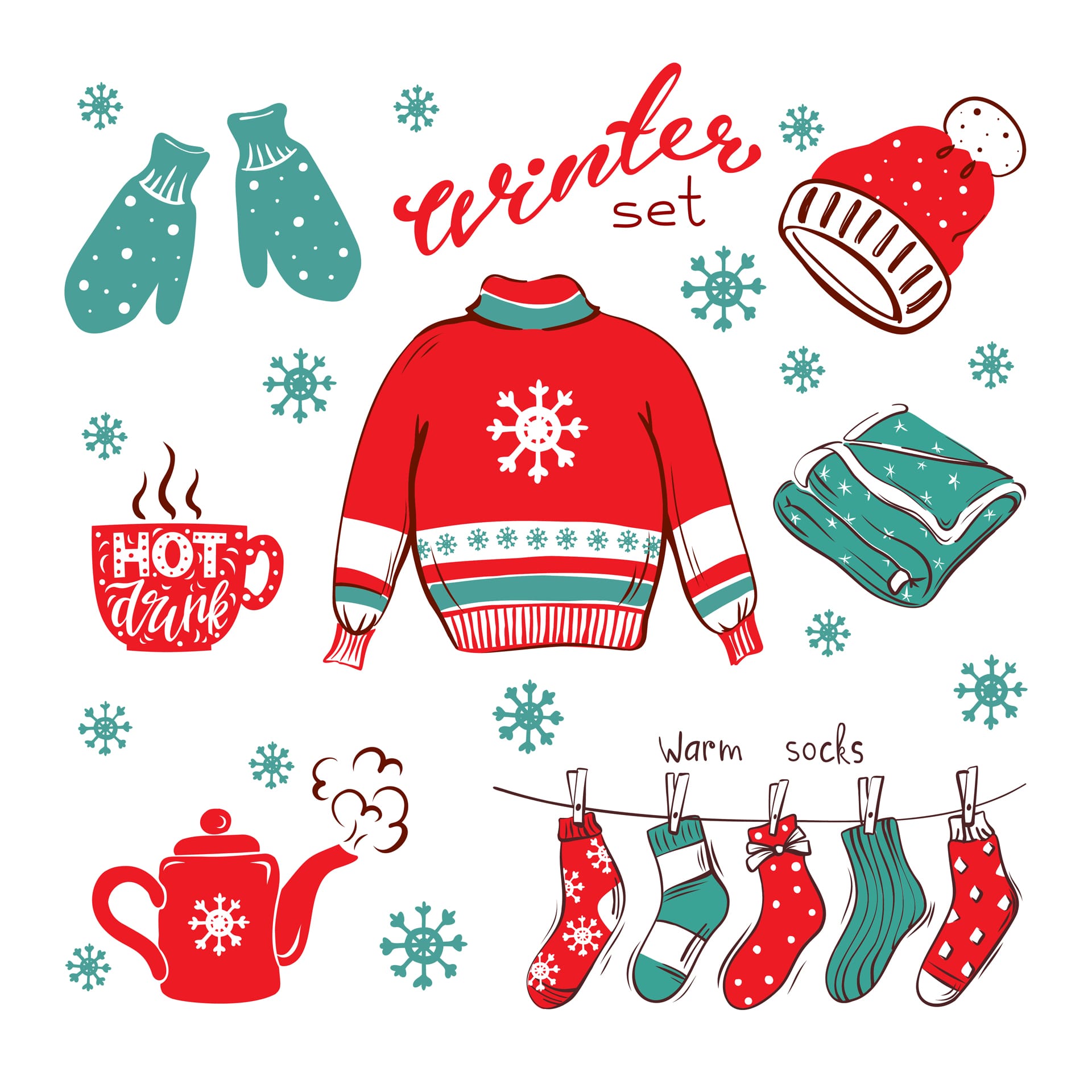 Cozy hand drawn winter set isolated background clothes hot drinks