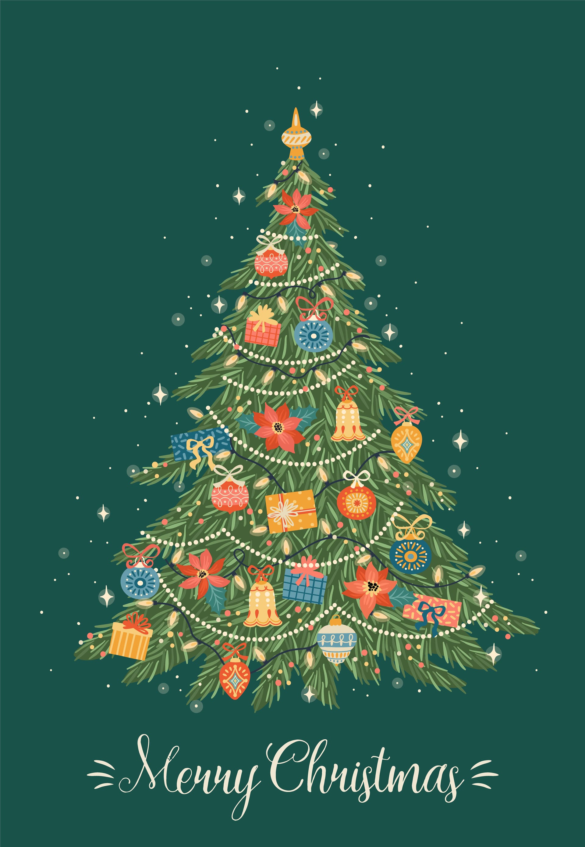 Happy new year illustration christmas tree trendy retro style image