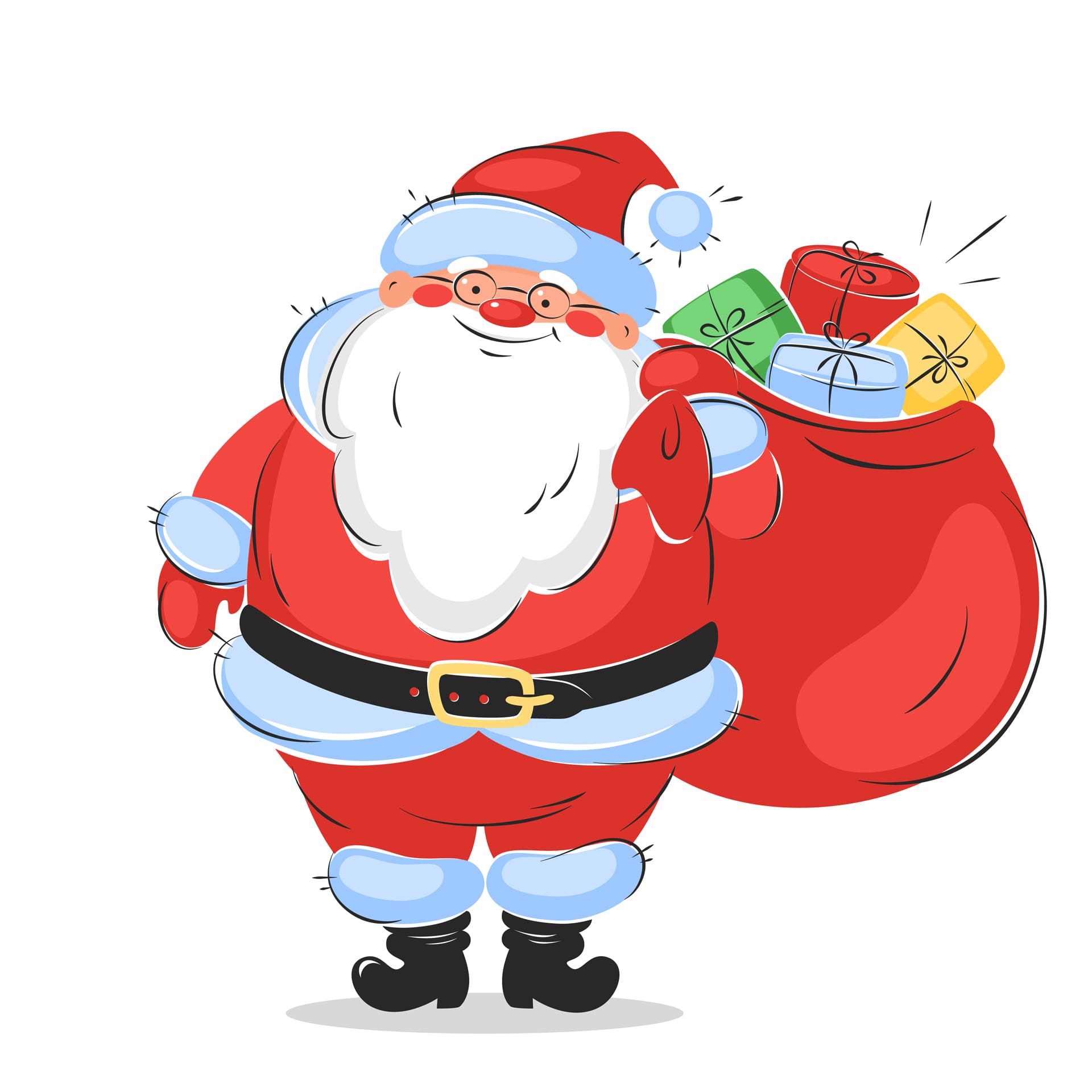 Happy santa claus cartoon character with bag gifts his hands
