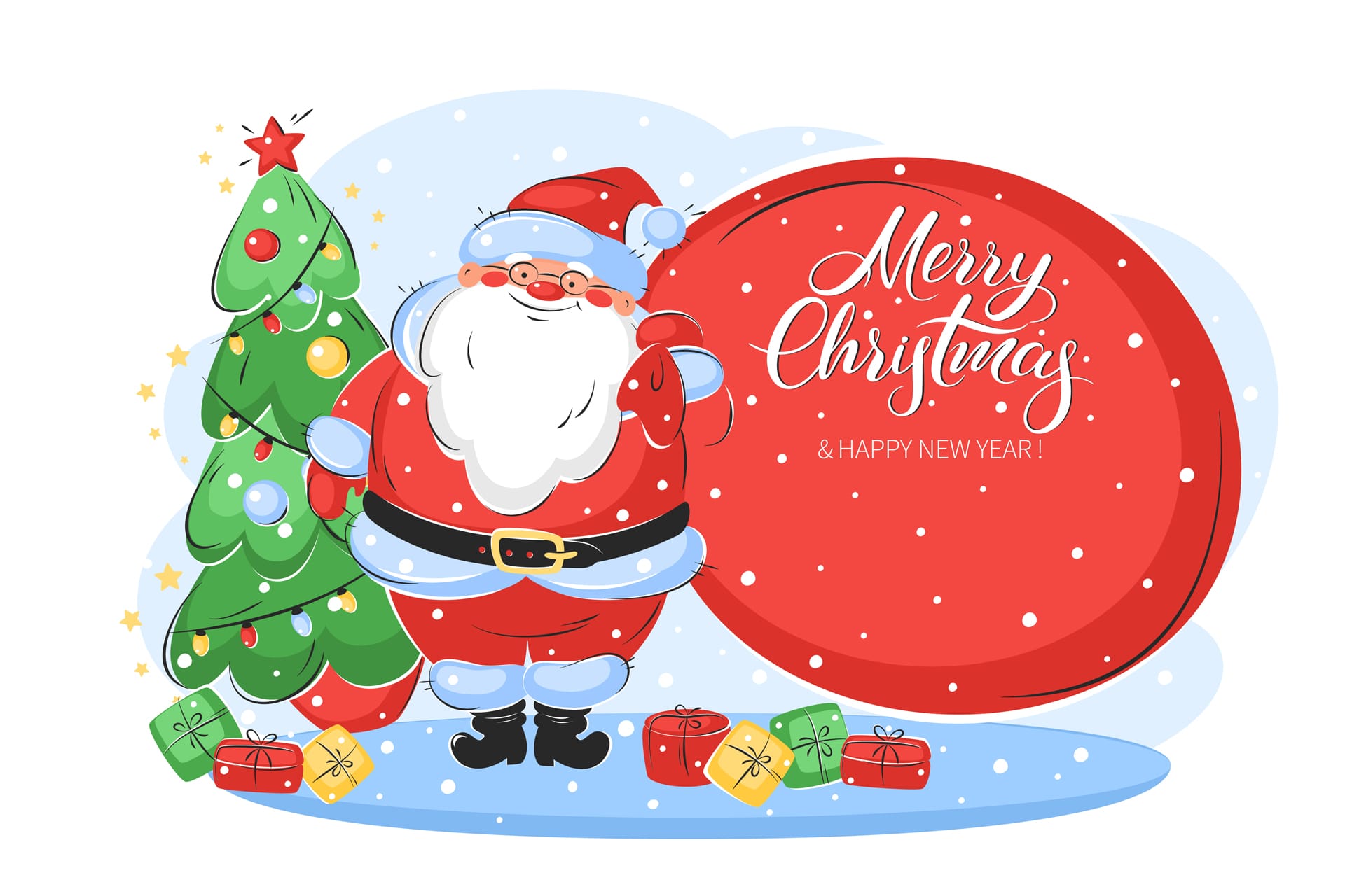 Artoon santa claus with huge red bag with presents