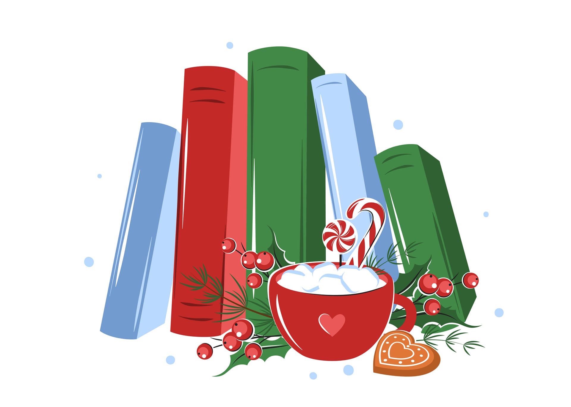 Books cup coffee cocoa with winter leaves berries cookies sweets