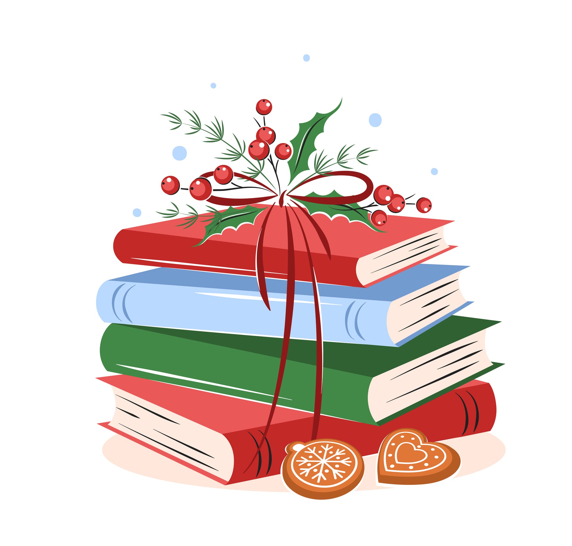 Books with winter leaves cookies white background design element bookstore