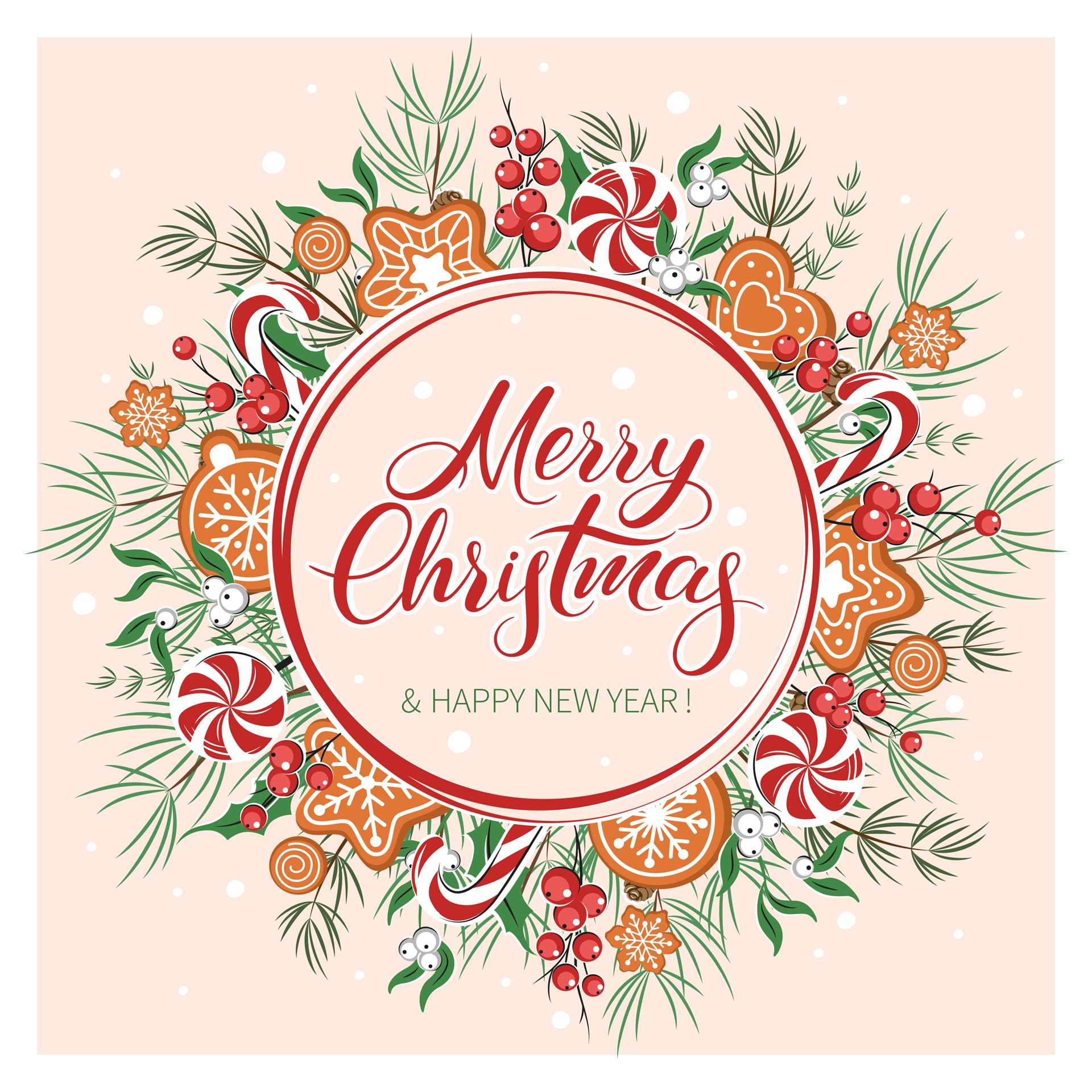 Christmas ard decorated with different winter plants cookies sweets