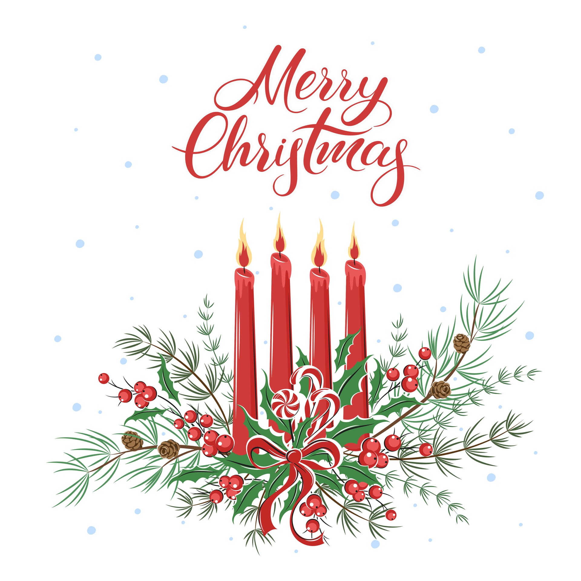 Christmas card with burning candles decorations merry christmas lettering