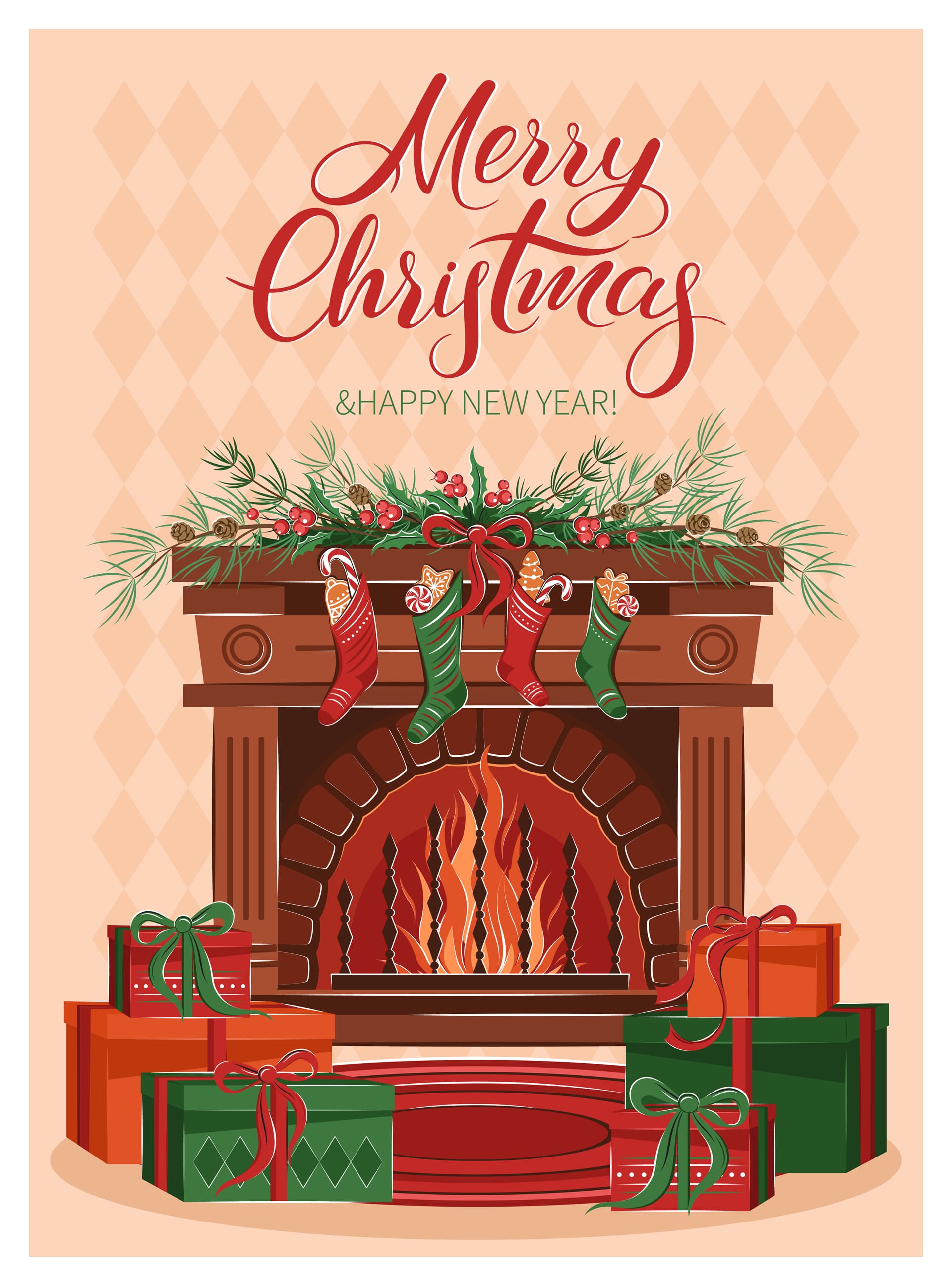 Christmas card with fireplace boxes with gifts decorations christmas clipart