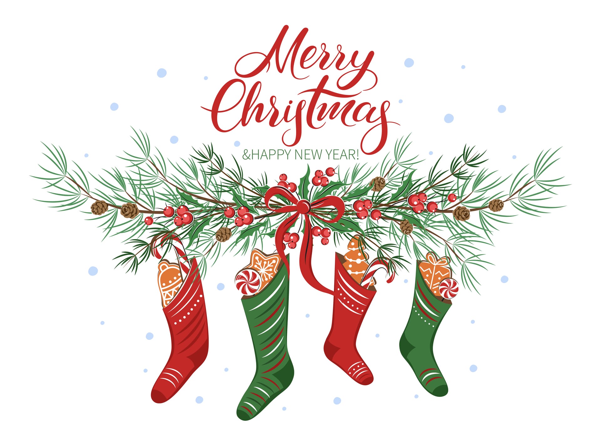 Christmas card with gifts socks with winter decorations merry christmas