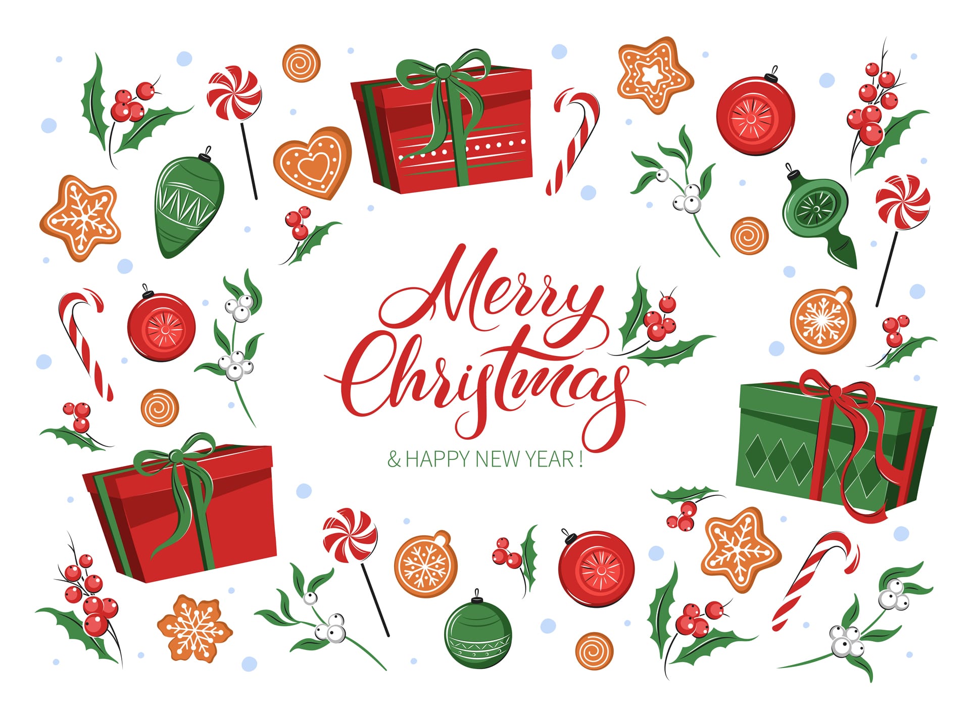 Christmas card with set gifts socks with winter decorations traditional