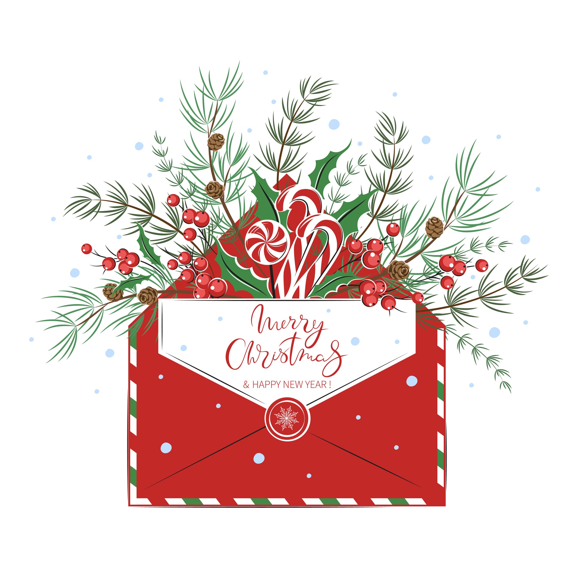 Christmas card with with envelope traditional candies decorations christmas clipart