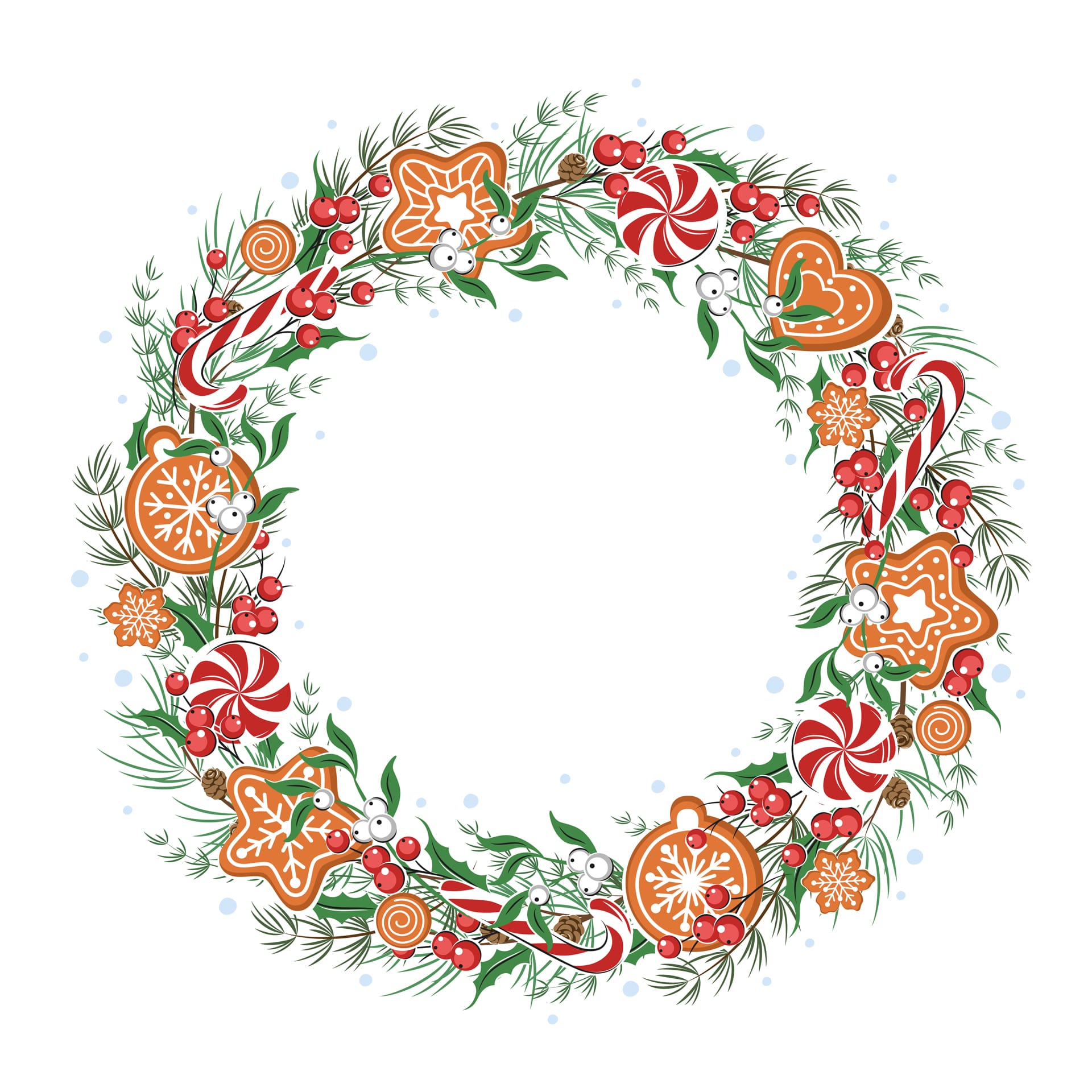 Christmas wreath green fir twigsred whites berries cookies sweets