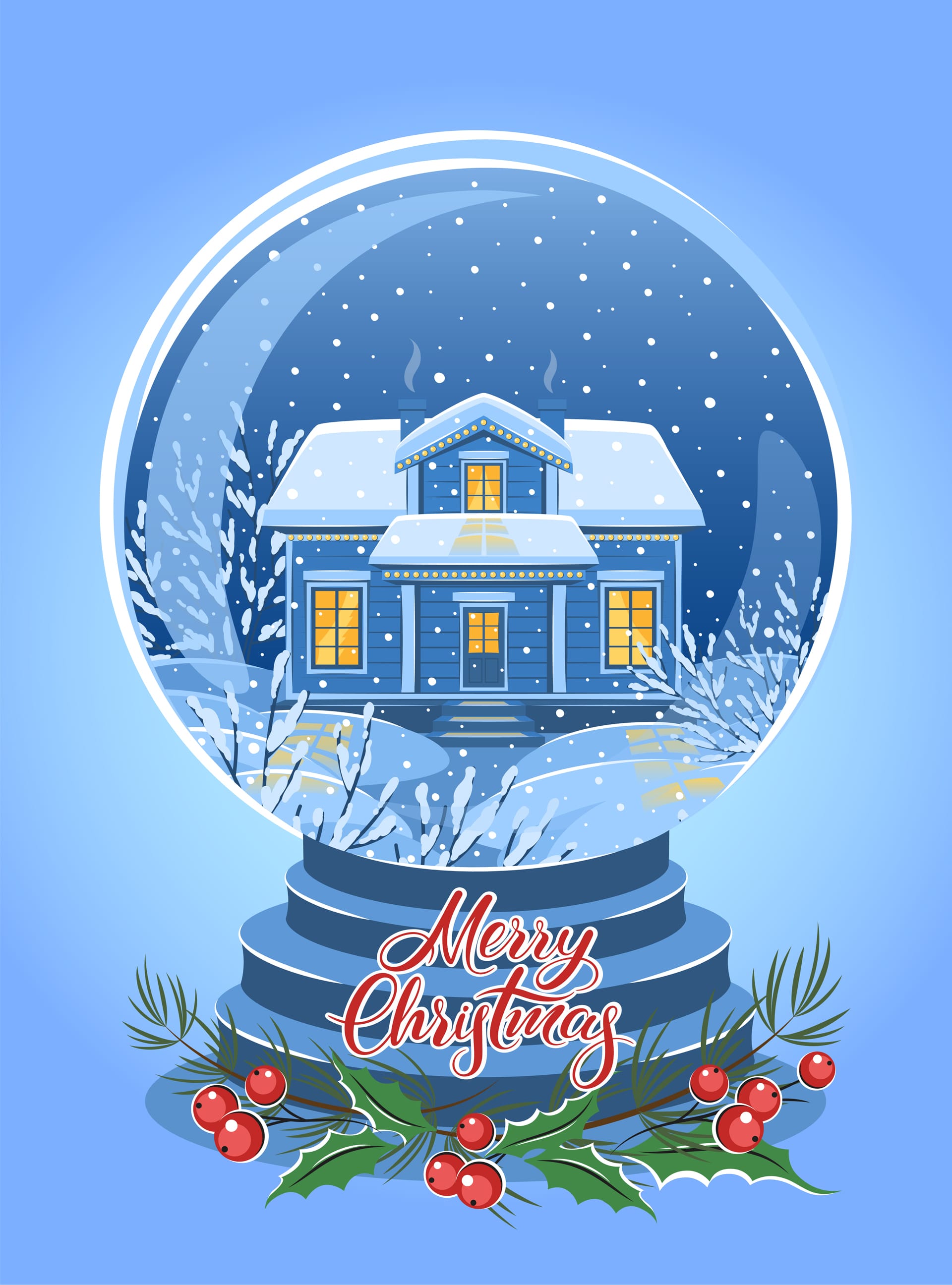Merry christmas card glass ball with house illustration