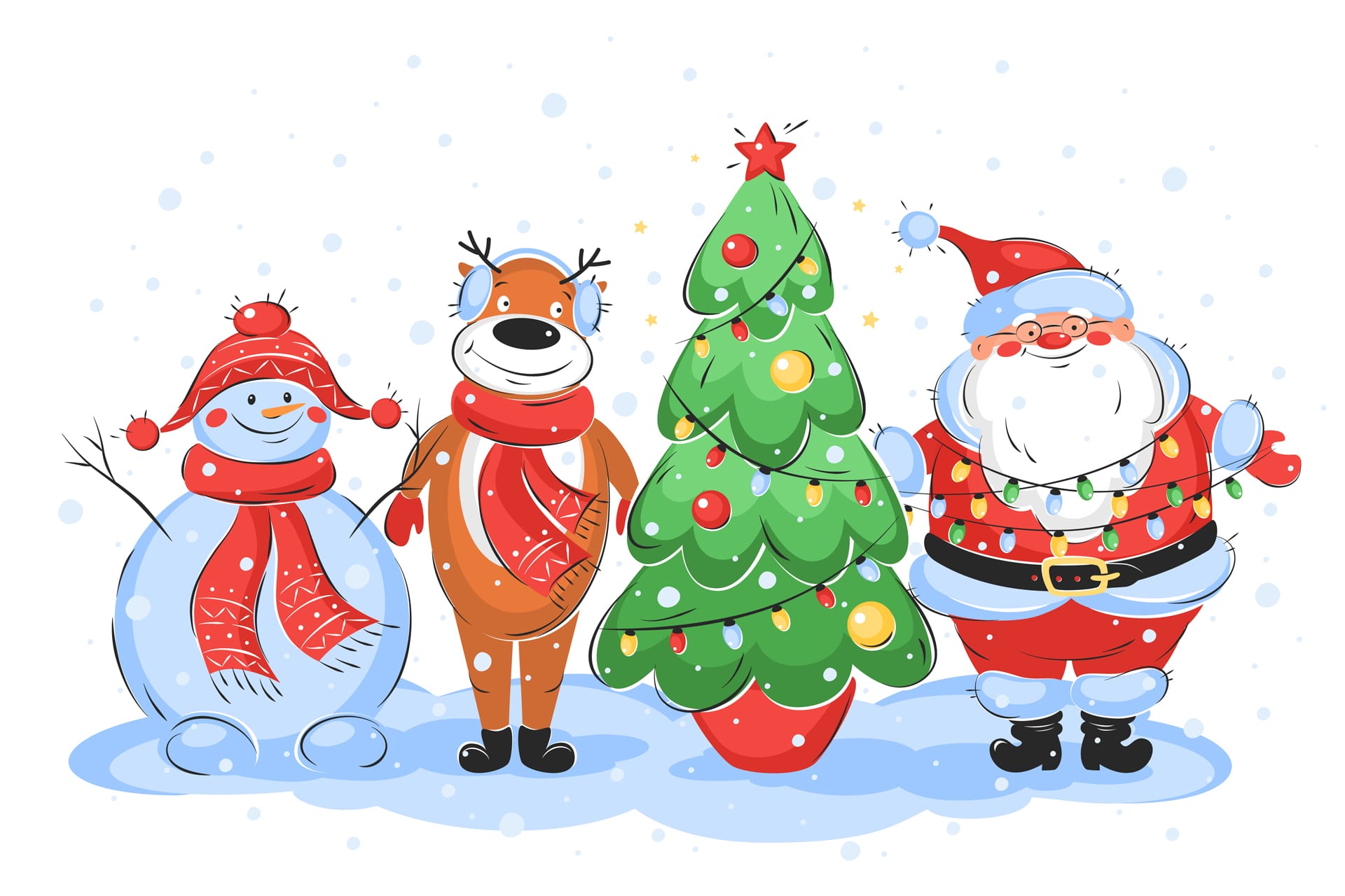 Merry christmas card with santa claus christmas tree deer snowman