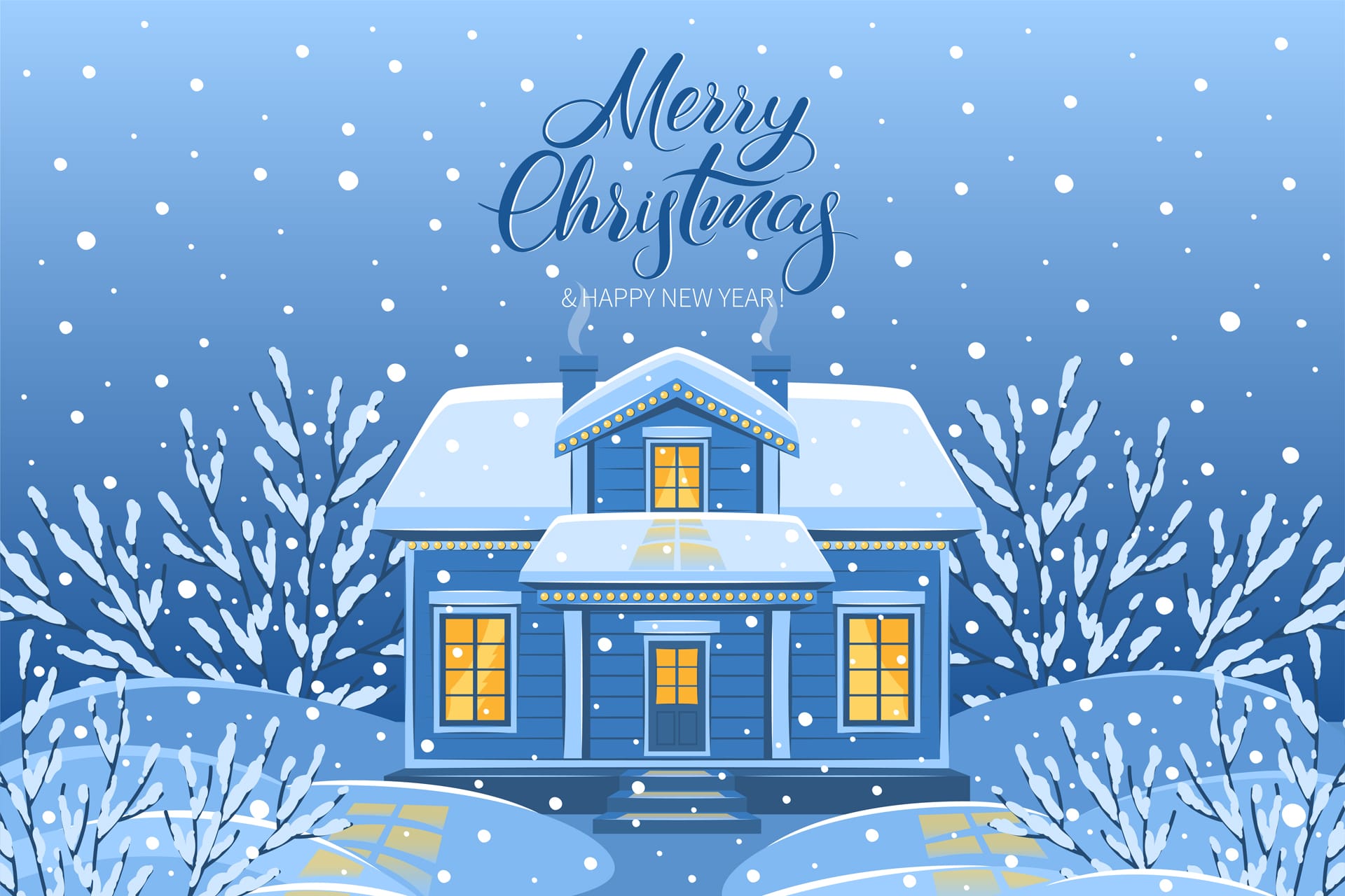 Snowy winter landscape with country house trees christmas clipart