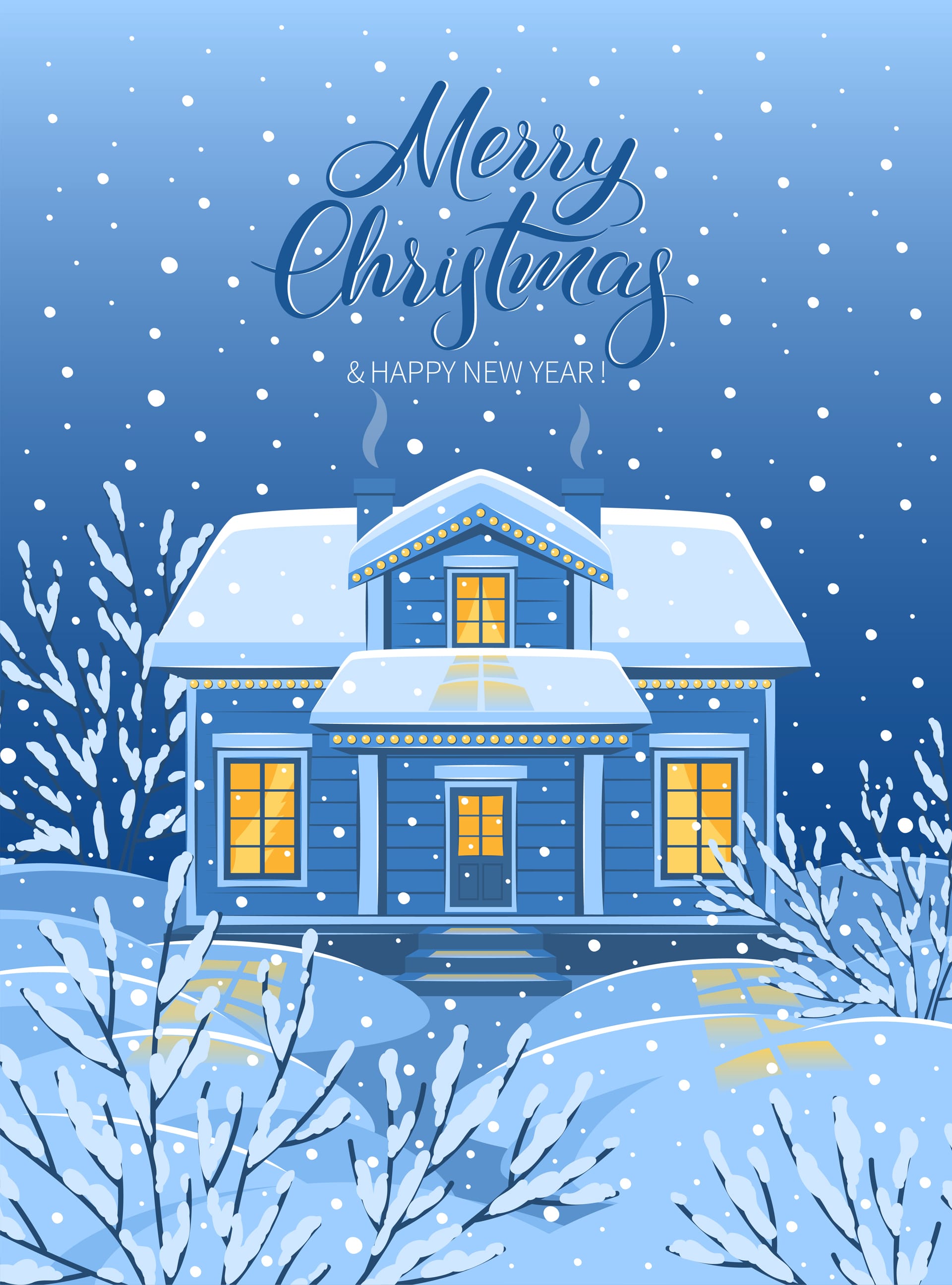 Snowy winter landscape with country house trees picture