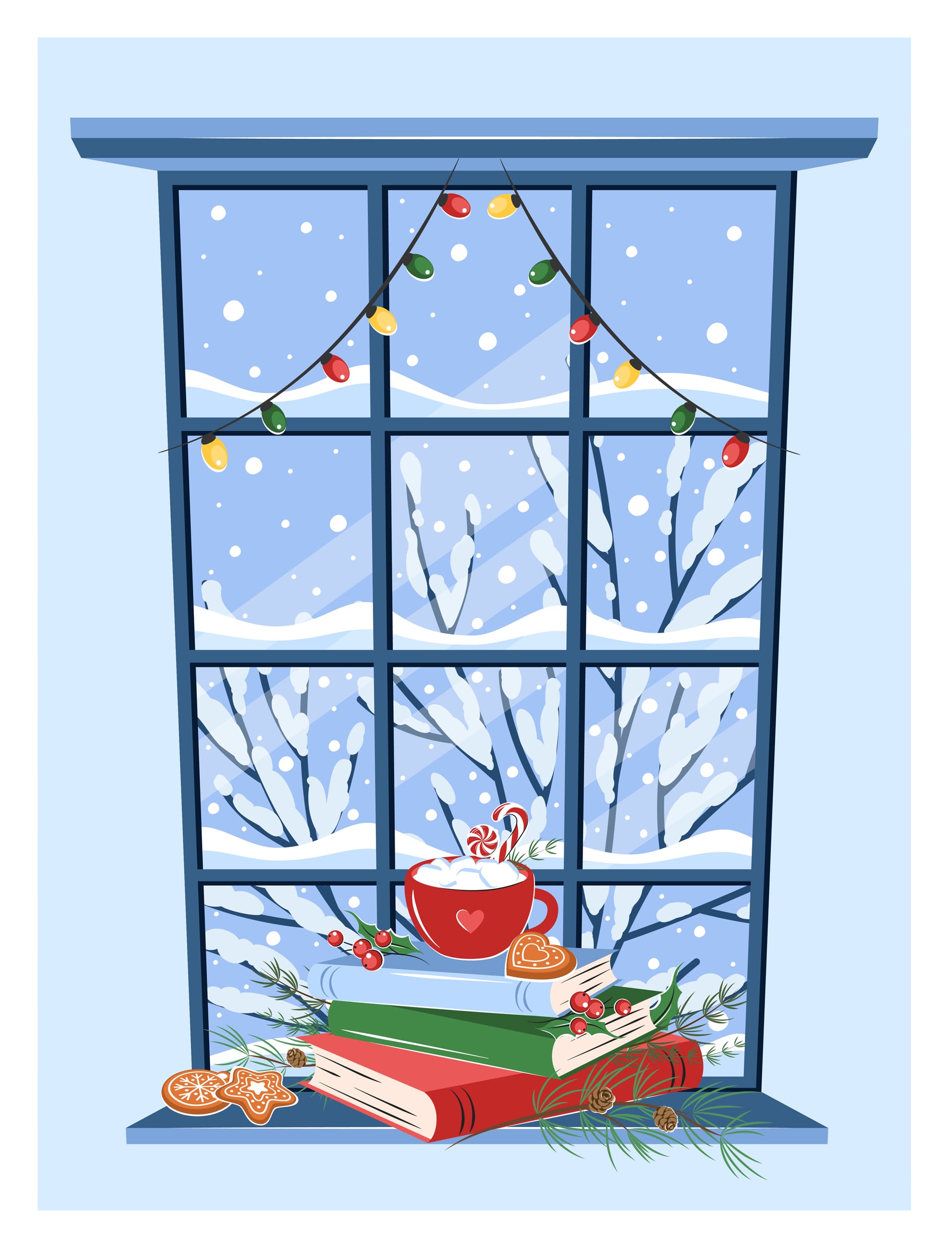 Winter window with landscape books drink with cookies sill