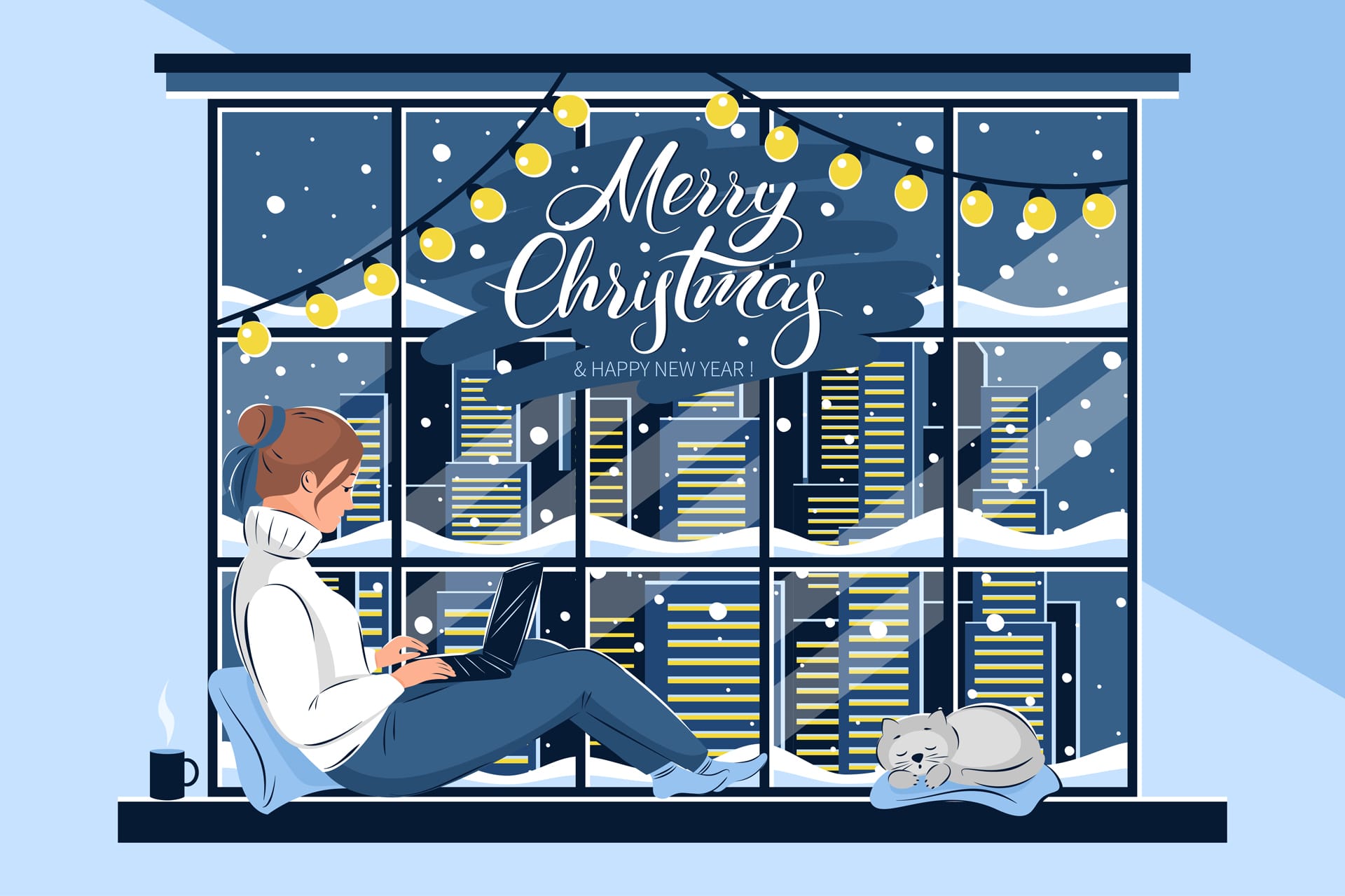 Woman sweater with laptop is sitting winter window cat