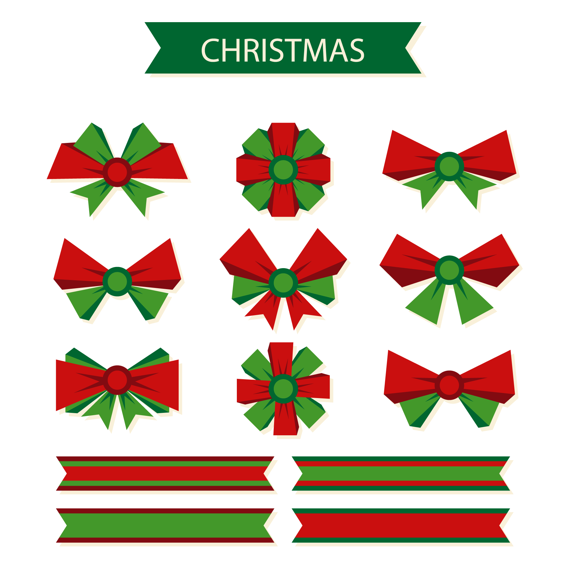 Set red green bows with several christmas ribbons