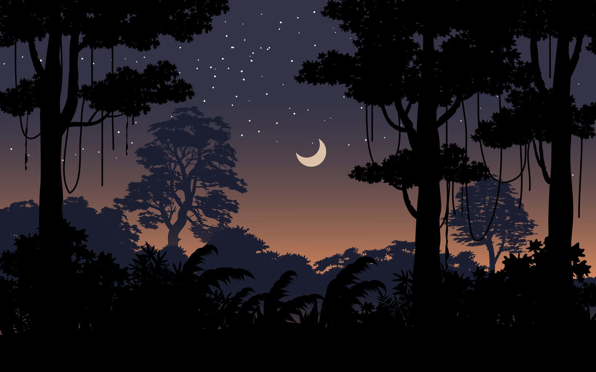 Night time tropical forest landscape clipart forest trees