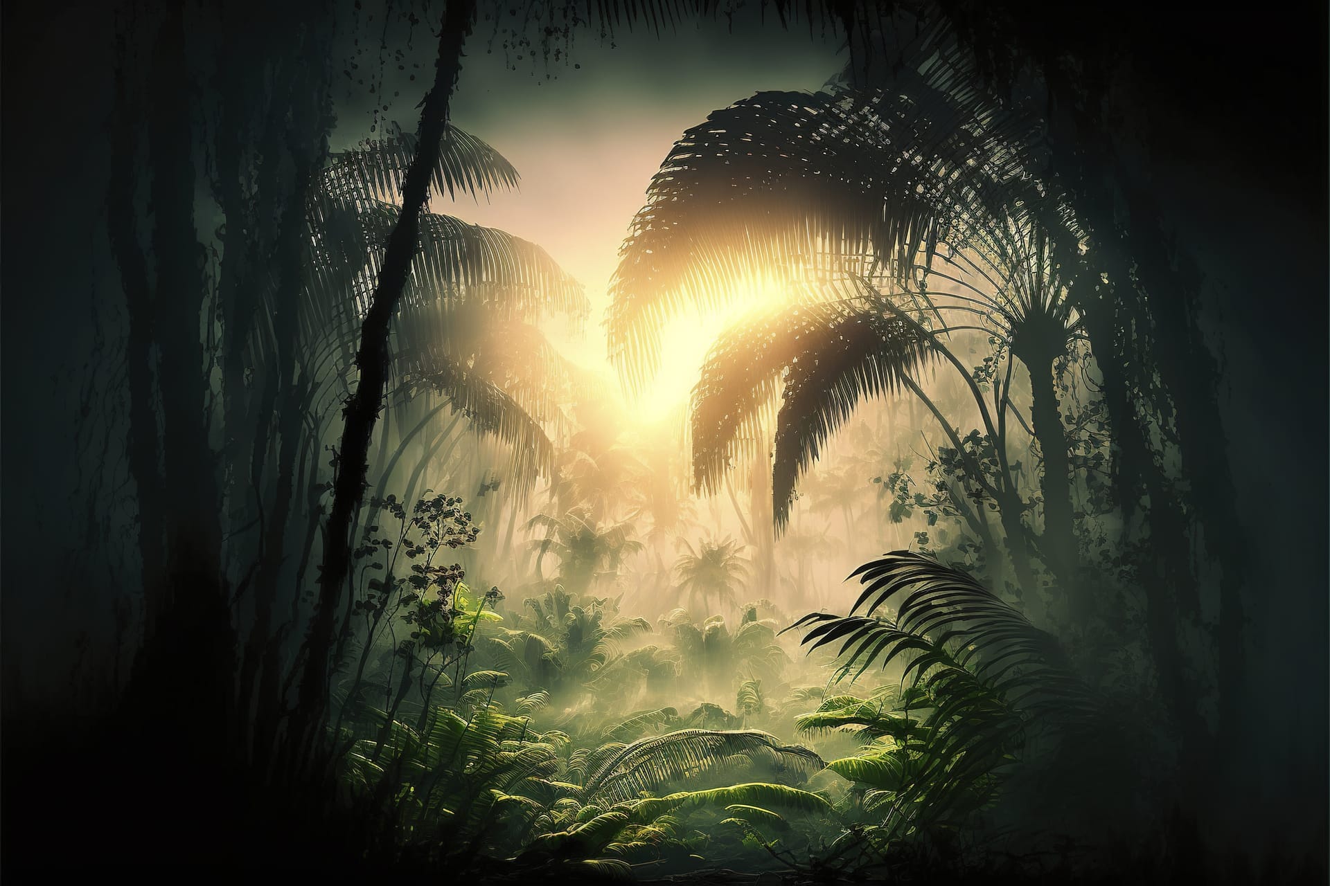 Sunset sun rays through trees fantasy forest fog palm jungle