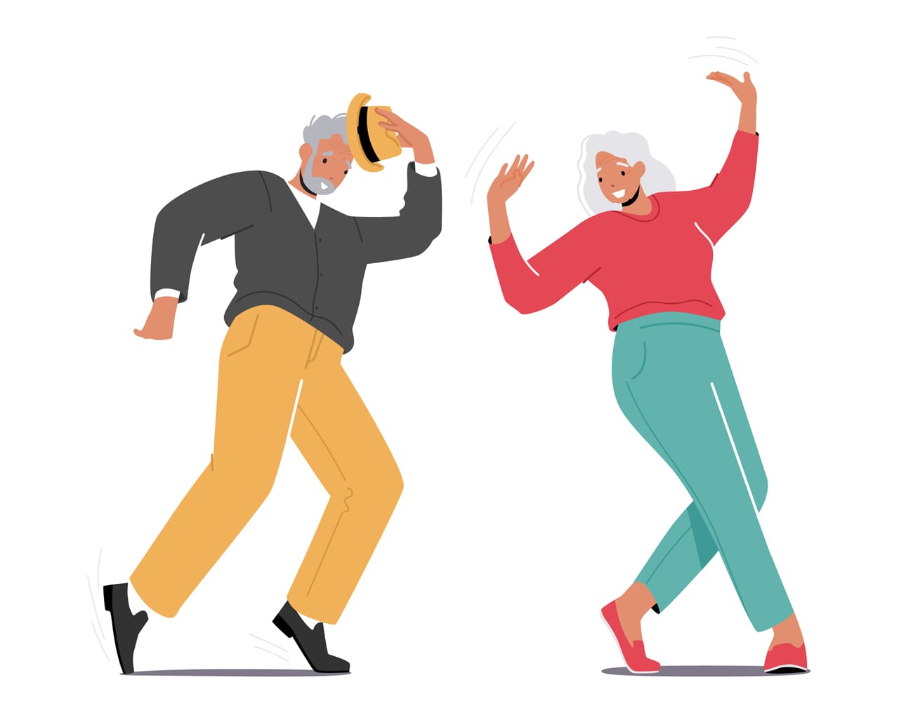 Cheerful senior man woman dancing moving body happy old characters
