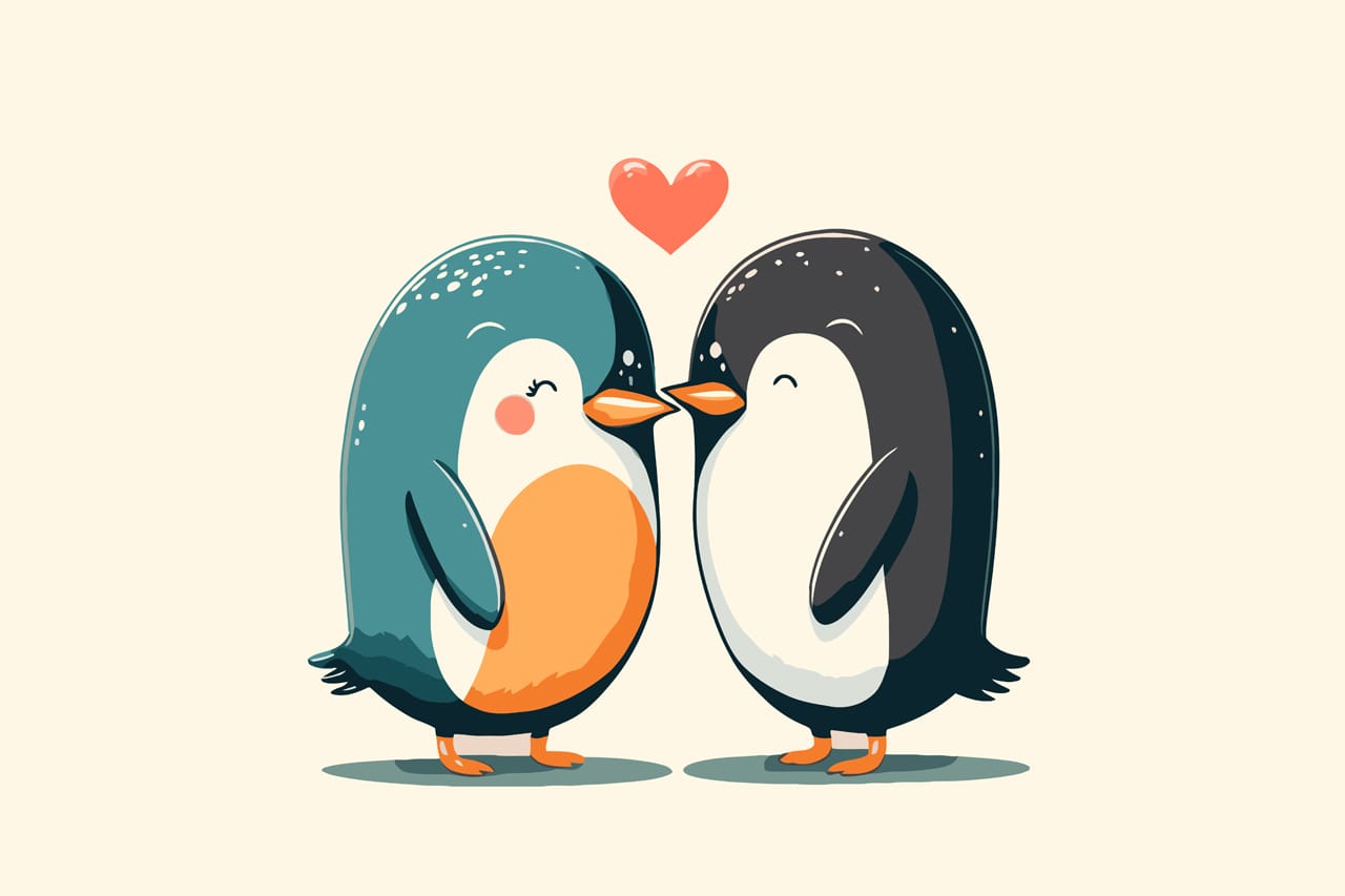 Cute penguins couple love animal valentine day card cartoon image