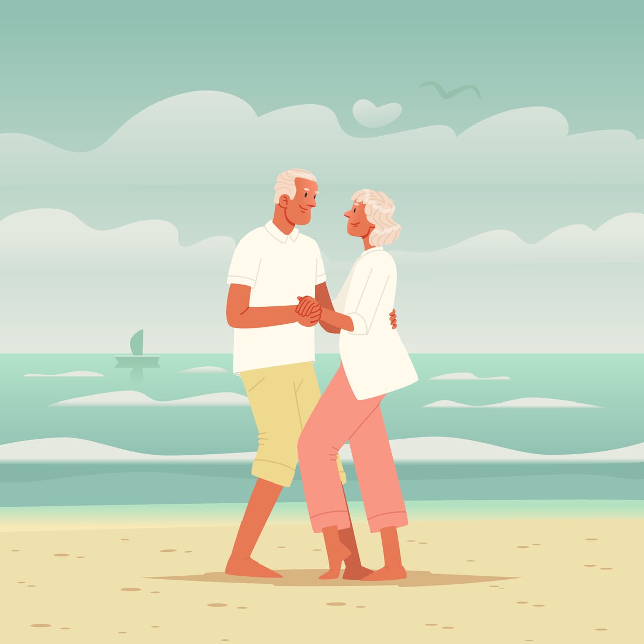 Happy elderly couple dancing beach seniors sea mature man woman actively ai generated