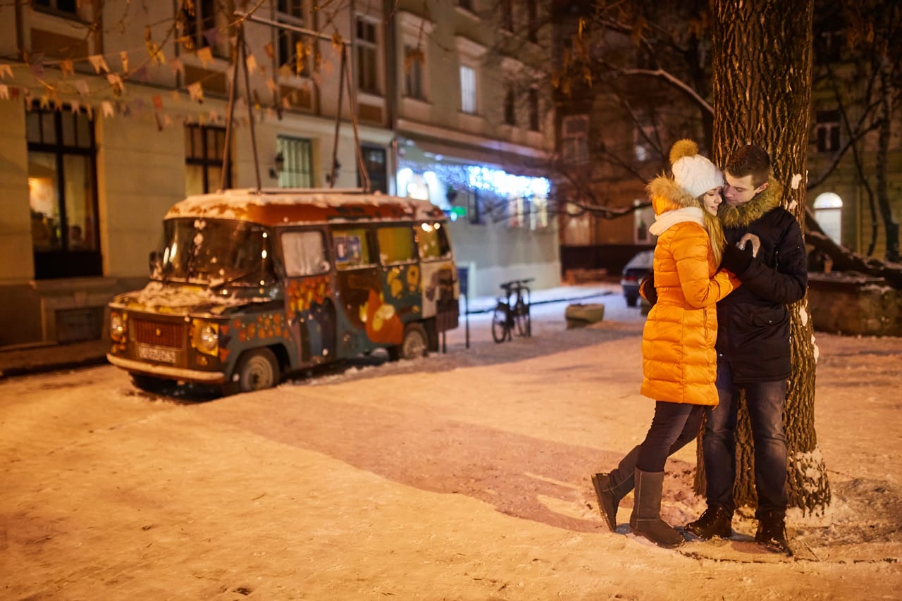 Related image young couple kissing wintertime outdoors