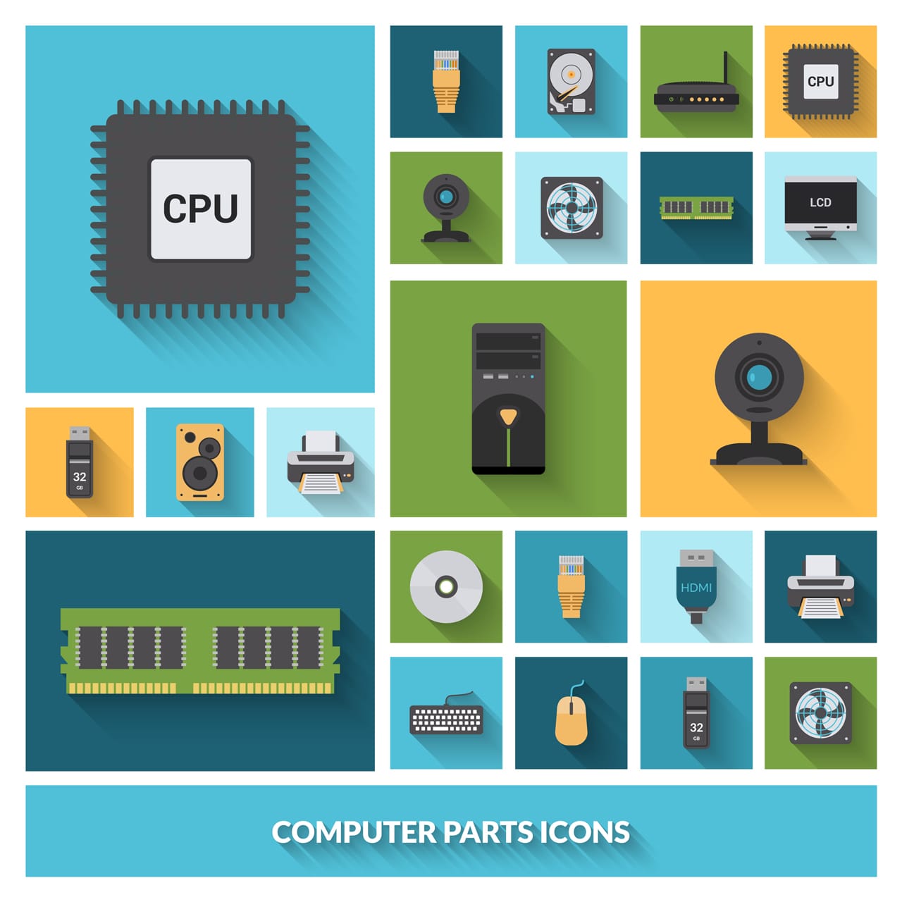 Cpu clipart computer parts decorative icons set hand drawing sketch