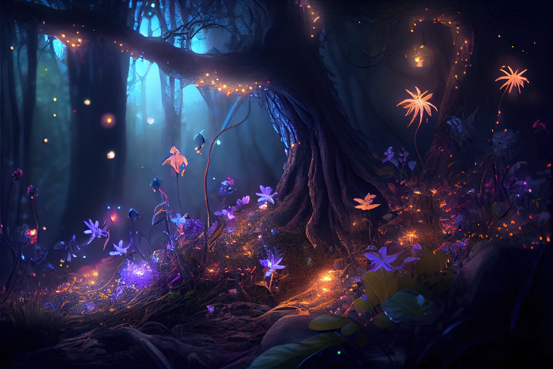 Enchanted forest clipart fairy forest night fantasy glowing flowers lights