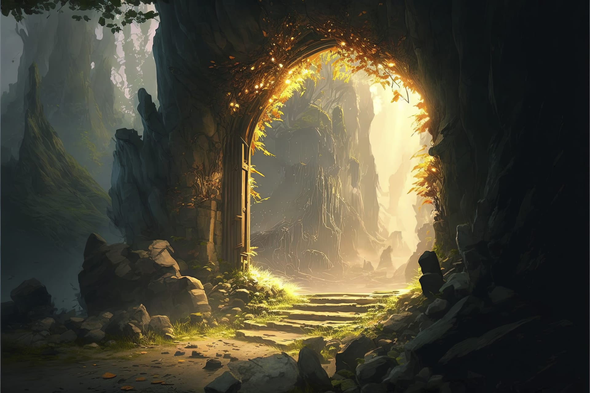 Enchanted forest clipart secret door portal energy mountains