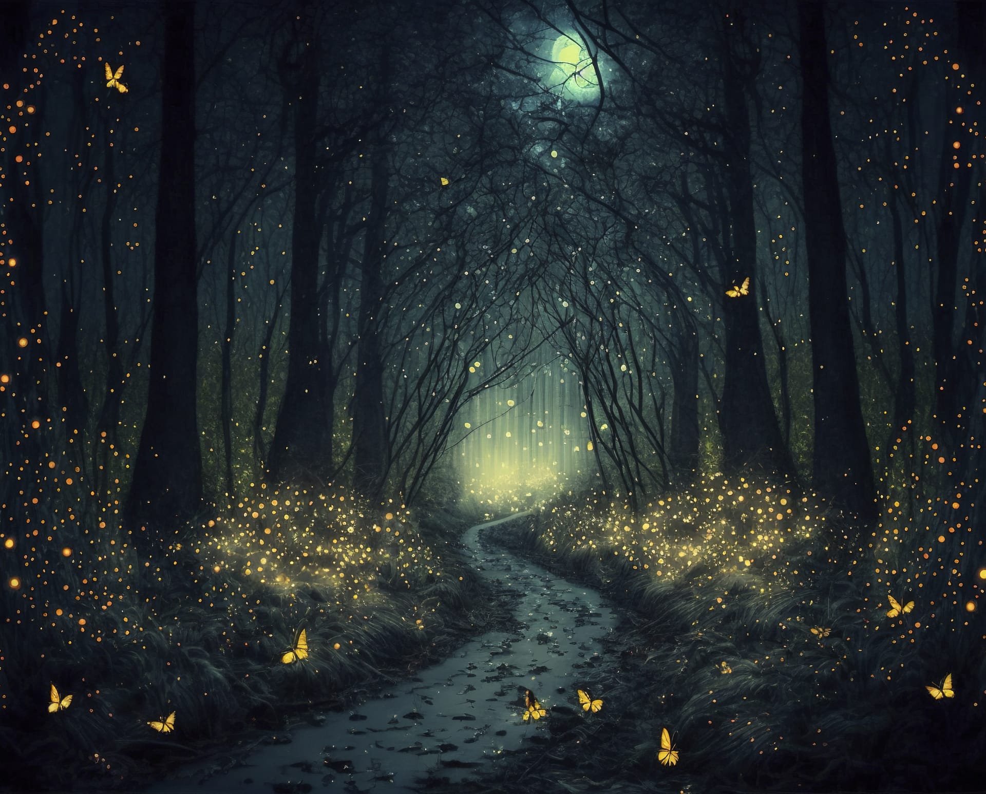 Enchanted forest clipart walking through woods fireflies moon stars