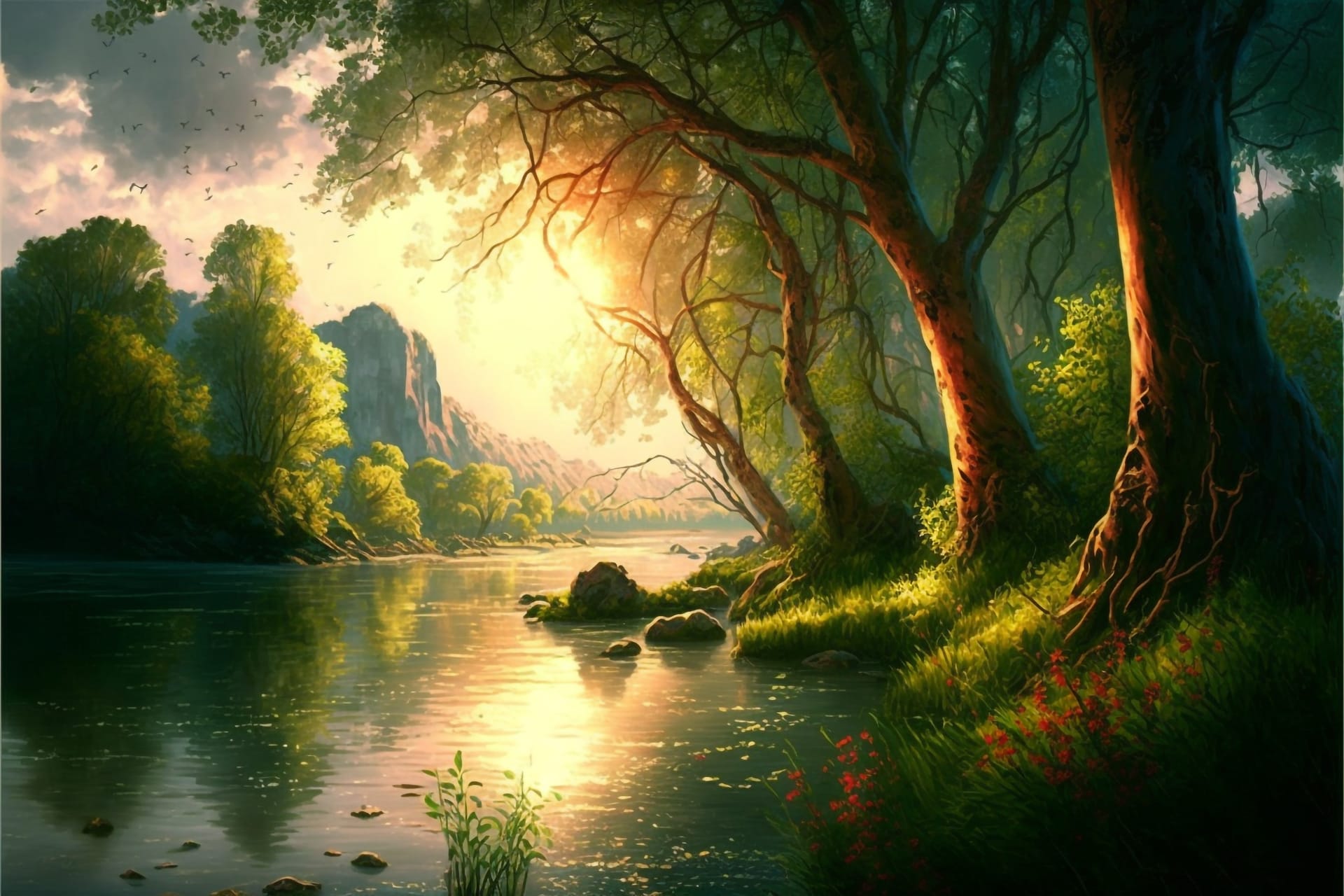 Enchanted forest clipart wonderful sunset landscape with river trees