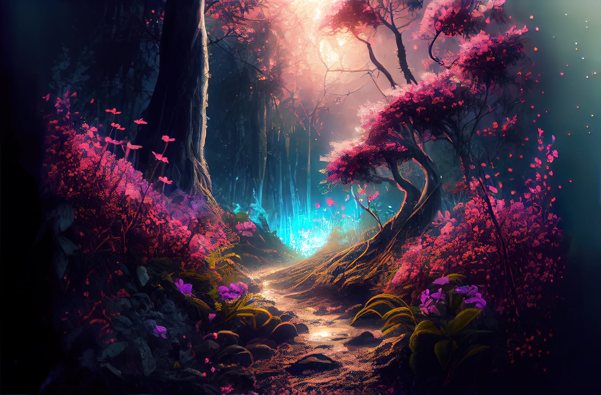 Fairy forest night scenery fantasy purple flowers blooming trees